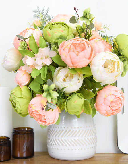Meadow Blush Artificial Peony Bouquet – Set of 2 Faux Silk Bundles (Blush Peach, Cream & Light Green) – Ready-to-Style Floral Décor