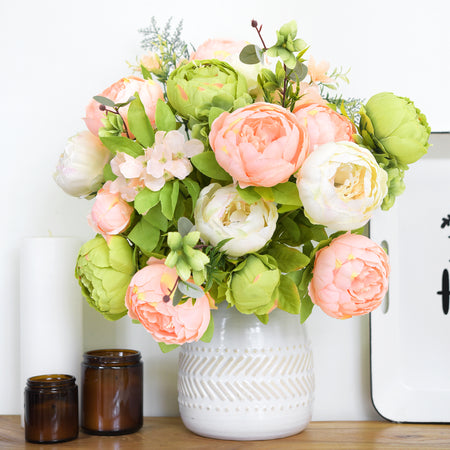 Meadow Blush Artificial Peony Bouquet – Set of 2 Faux Silk Bundles (Blush Peach, Cream & Light Green) – Ready-to-Style Floral Décor