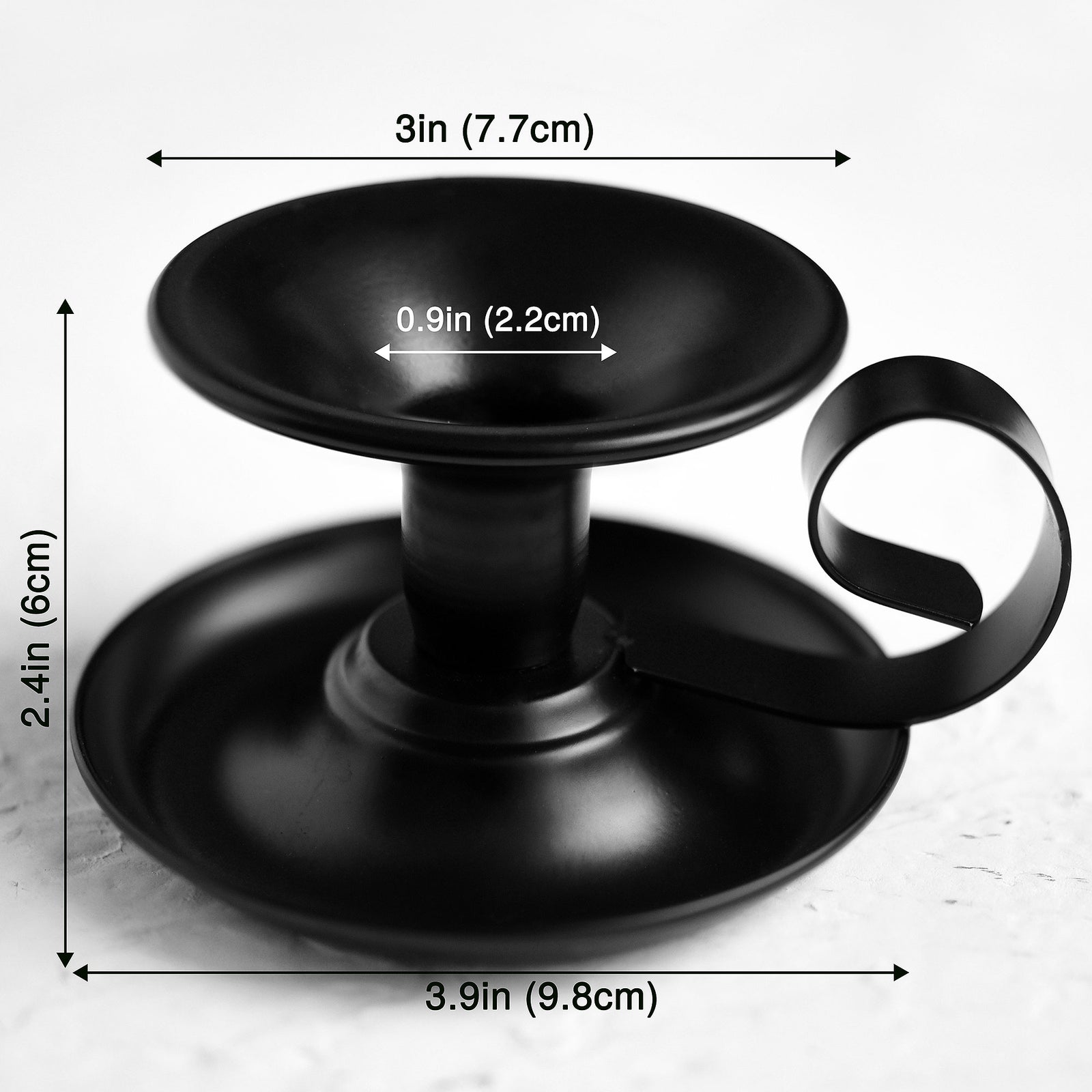 2 Black Plated Saucer Vintage Iron Candle Holders with Handle for Taper Wax Candlesticks