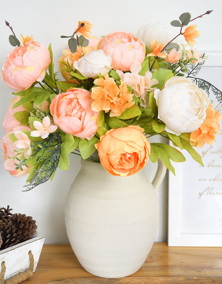 Autumn Ivory & Orange Artificial Peony Bouquet – Set of 2 Faux Silk Bundles (Ivory, Peach & Harvest Orange) – Fall Centerpiece Flowers