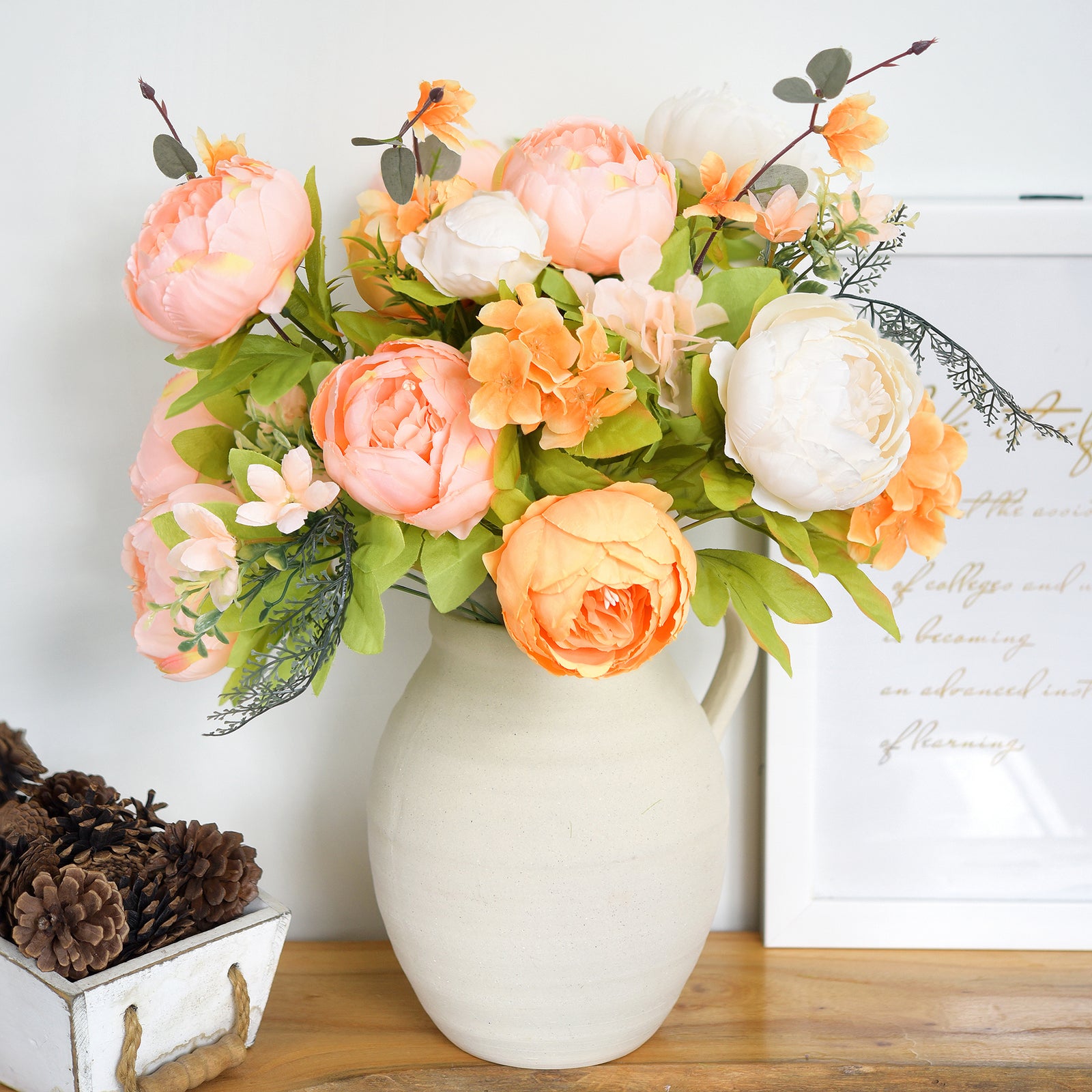 Autumn Ivory & Orange Artificial Peony Bouquet – Set of 2 Faux Silk Bundles (Ivory, Peach & Harvest Orange) – Fall Centerpiece Flowers