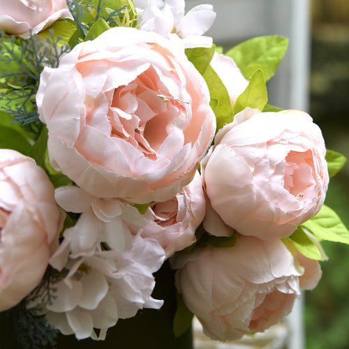 Soft Peach Pink Vintage Artificial Peonies Silk Flowers and Hydrangeas for Wedding Bridal Home Decor – Beautiful Floral Centerpiece Bouquet (Tender Petal)