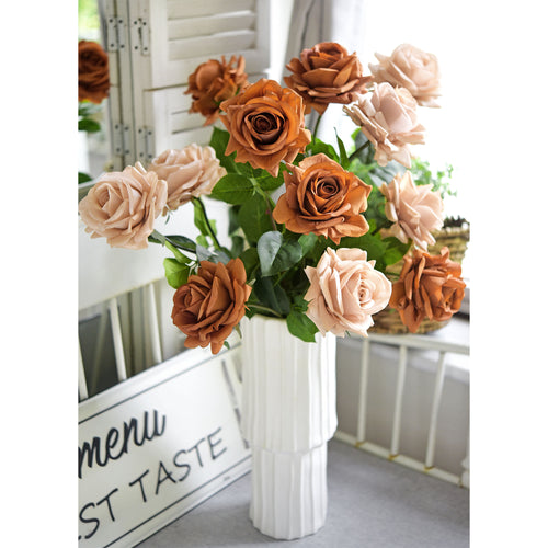 6 Long Stems Rust Orange Real Touch Garden Roses Large Blooms