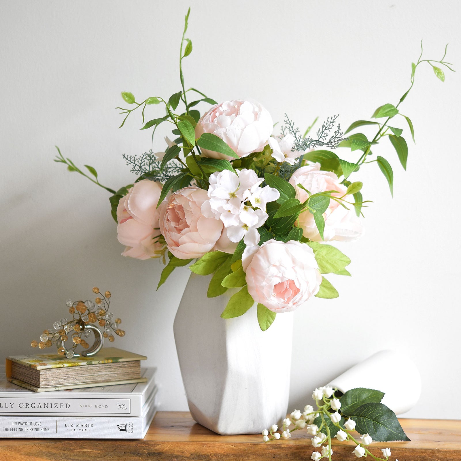 Soft Peach Pink Artificial Peony & Hydrangea Bouquet