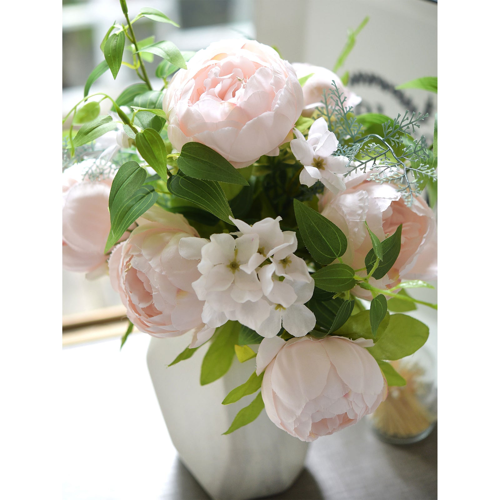 Soft Peach Pink Artificial Peony & Hydrangea Bouquet
