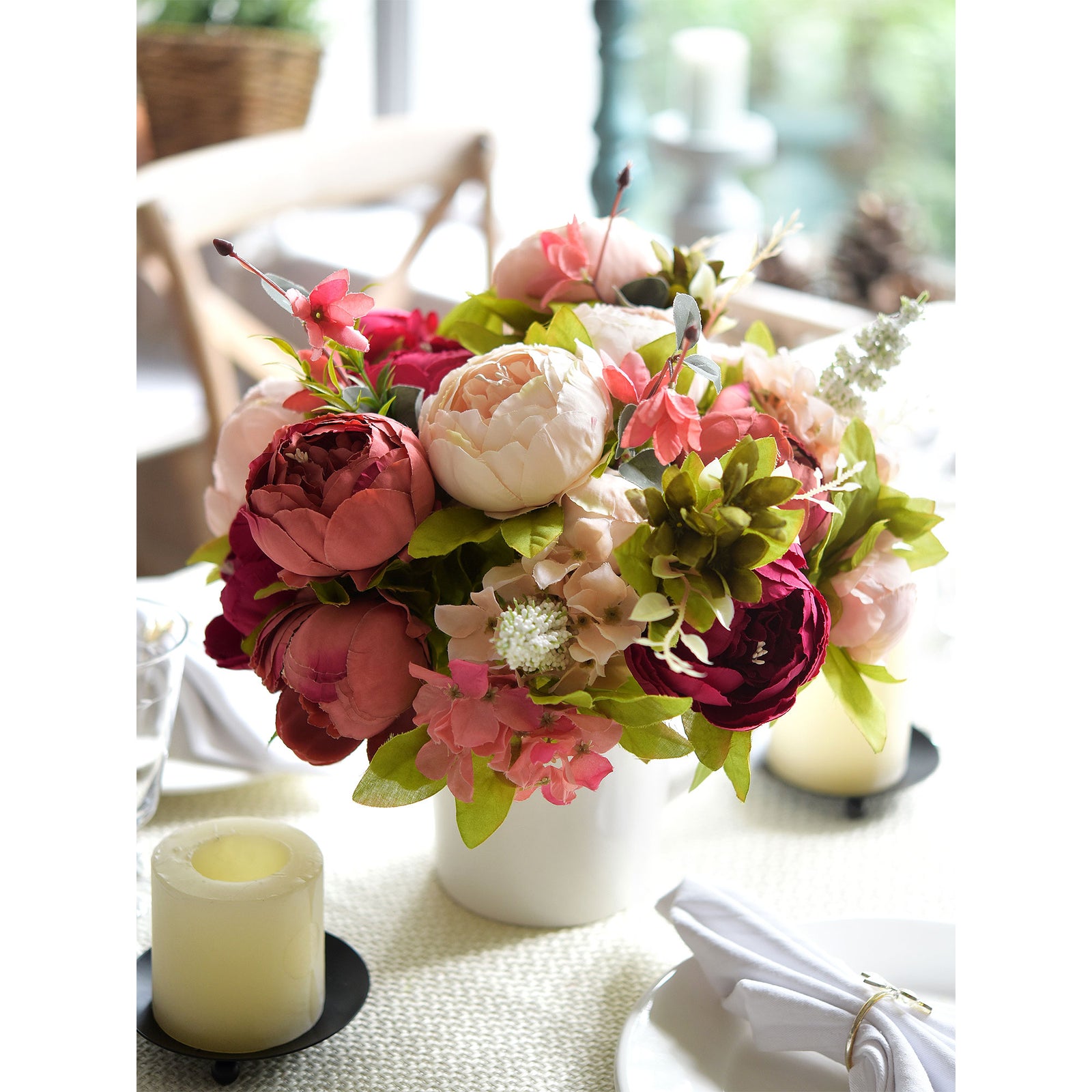 Celebrate Timeless Beauty: A Duo of Luxurious Artificial Silk Peony Bouquets in Deep Carmine, Dusty Red, and Faded Pink