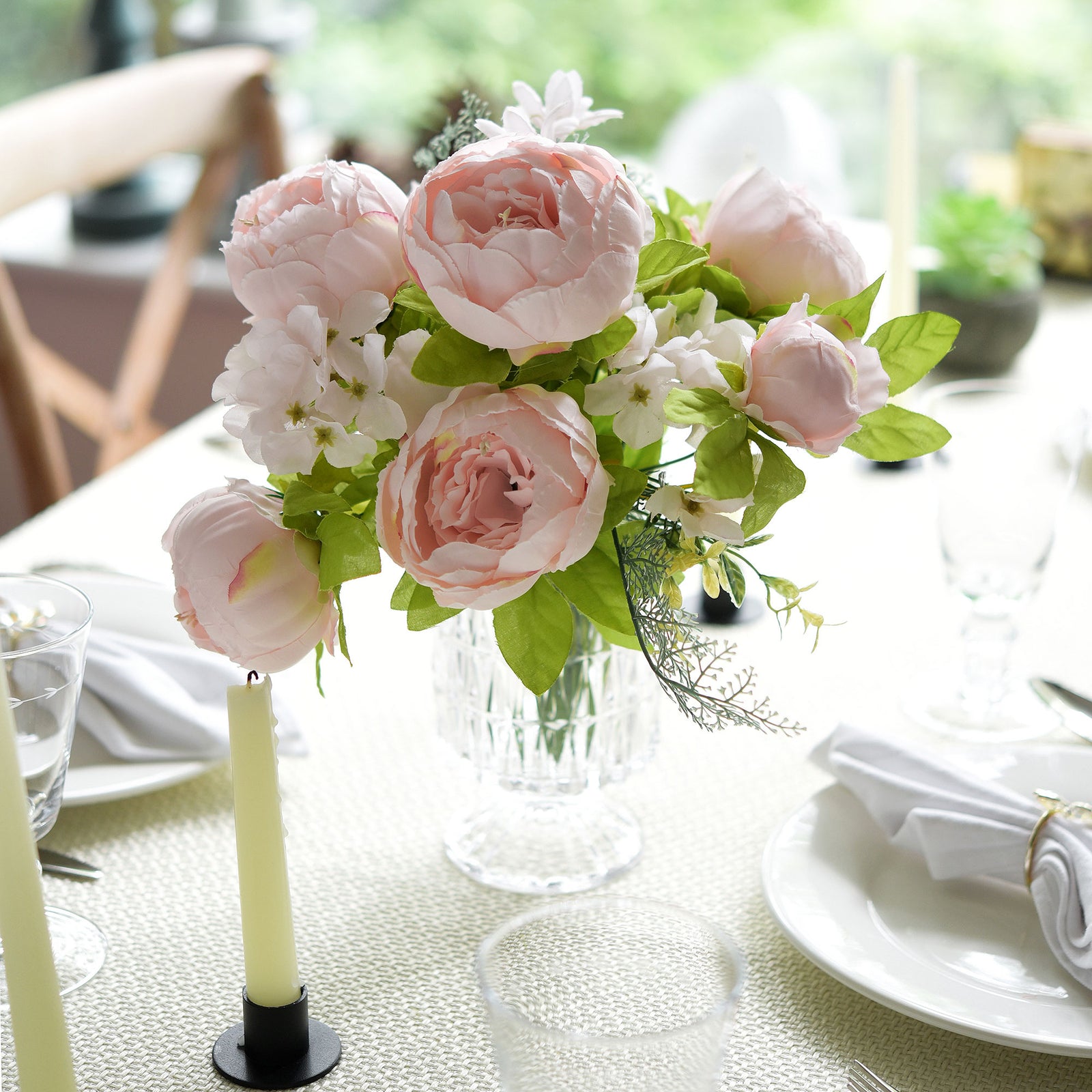 Soft Peach Pink Artificial Peony & Hydrangea Bouquet