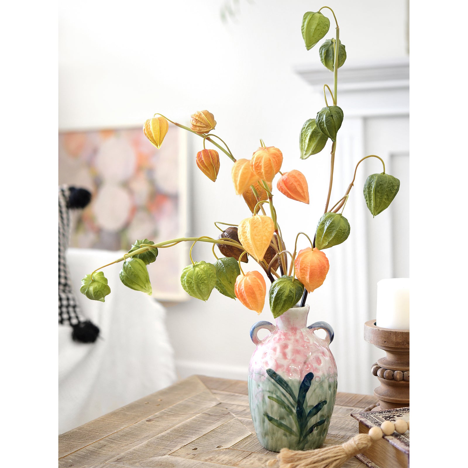 Artificial Chinese Lantern Stems – Leafy Green – Set of 3