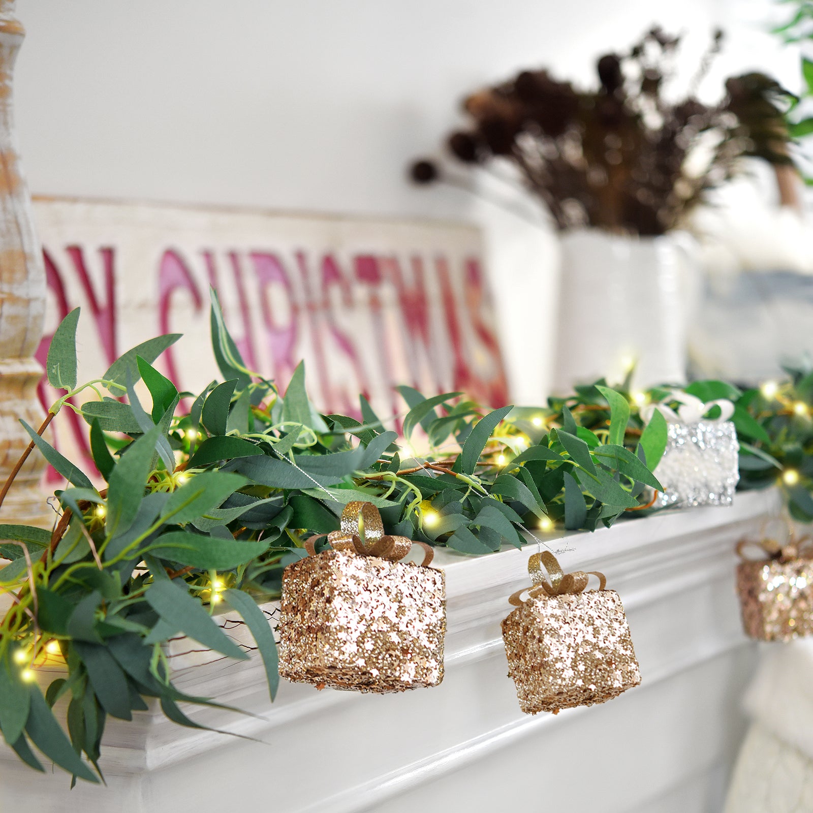 Lighted Willow Leaf Artificial Garlands with Gift Ornaments and Remote