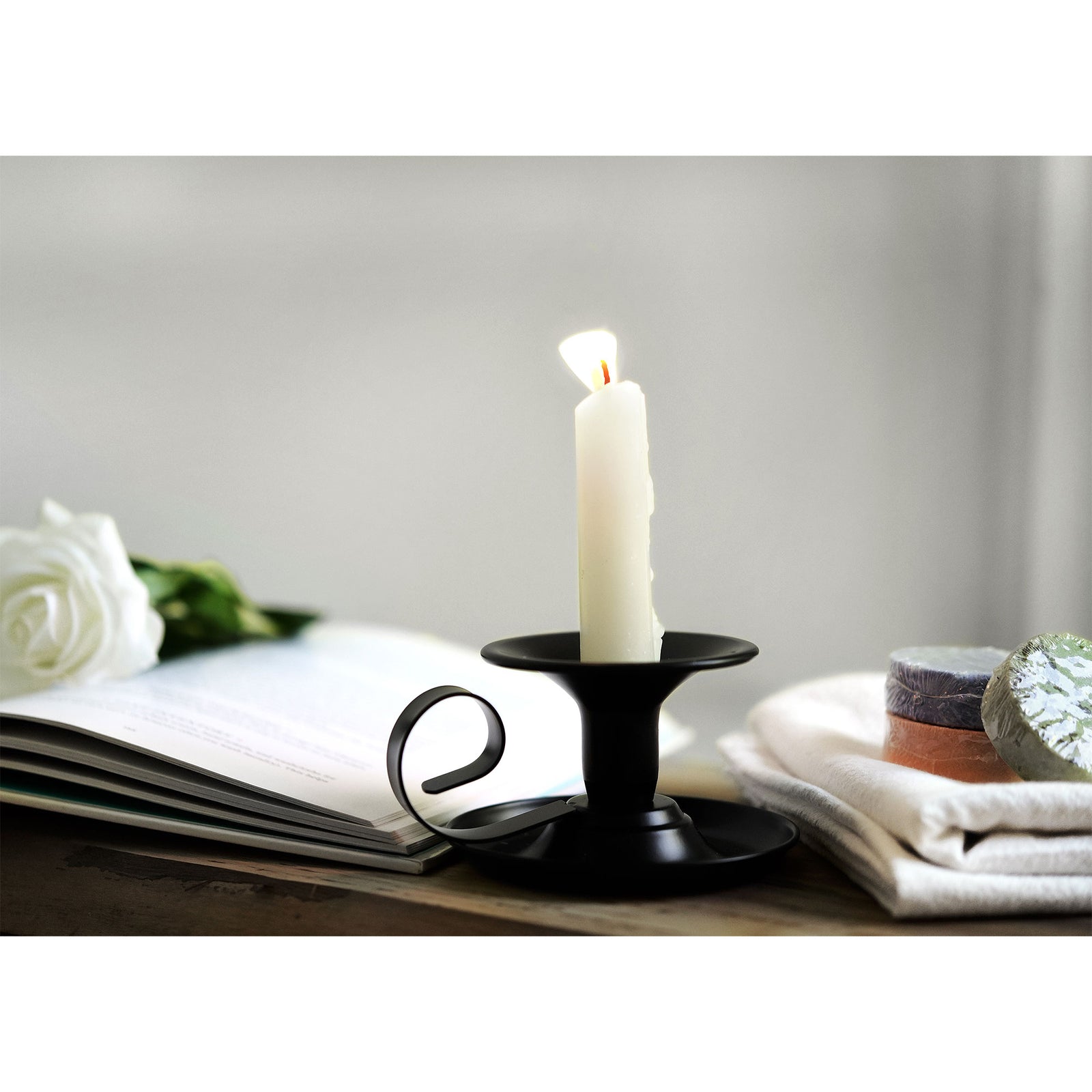 2 Black Plated Saucer Vintage Iron Candle Holders with Handle for Taper Wax Candlesticks