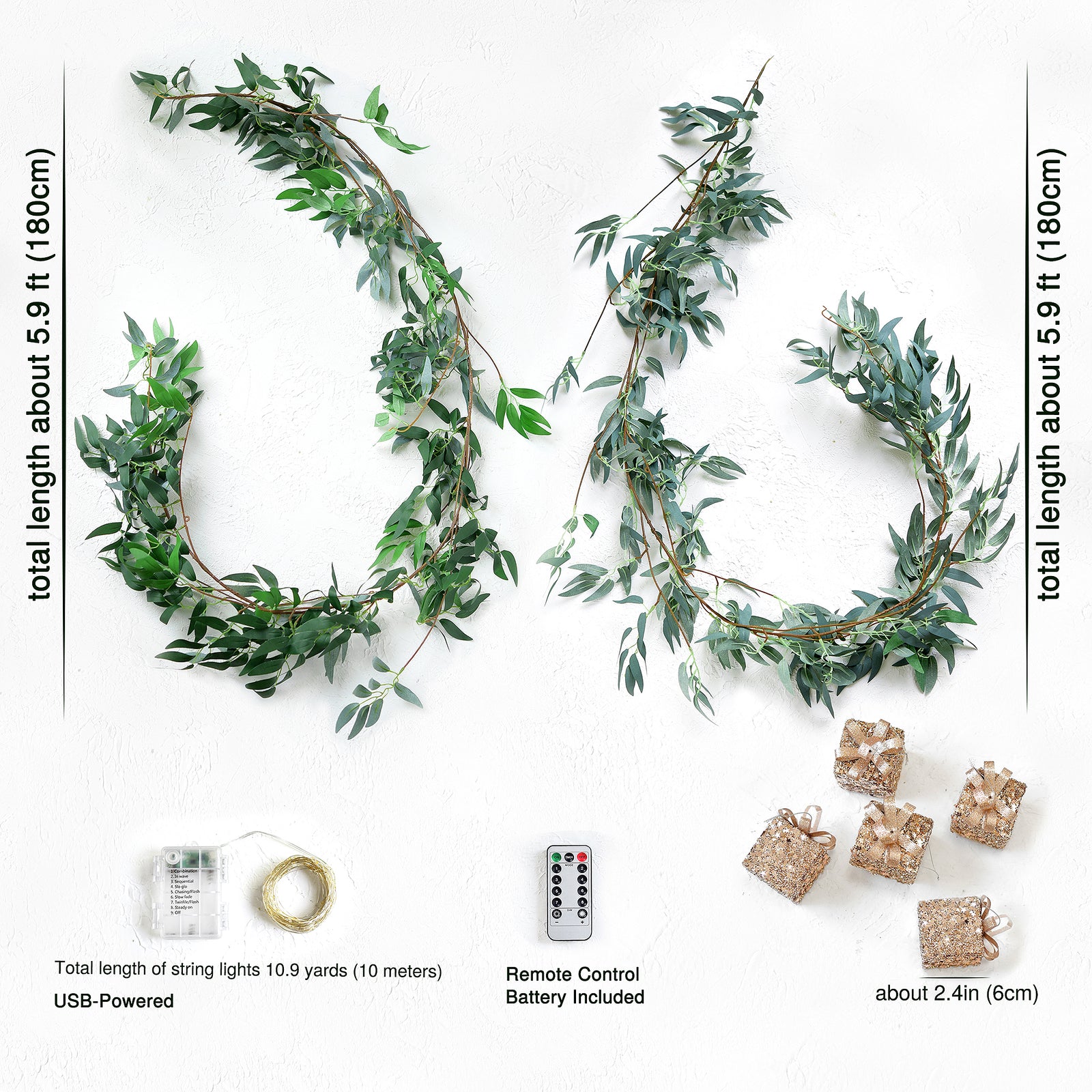 Lighted Willow Leaf Artificial Garlands with Gift Ornaments and Remote