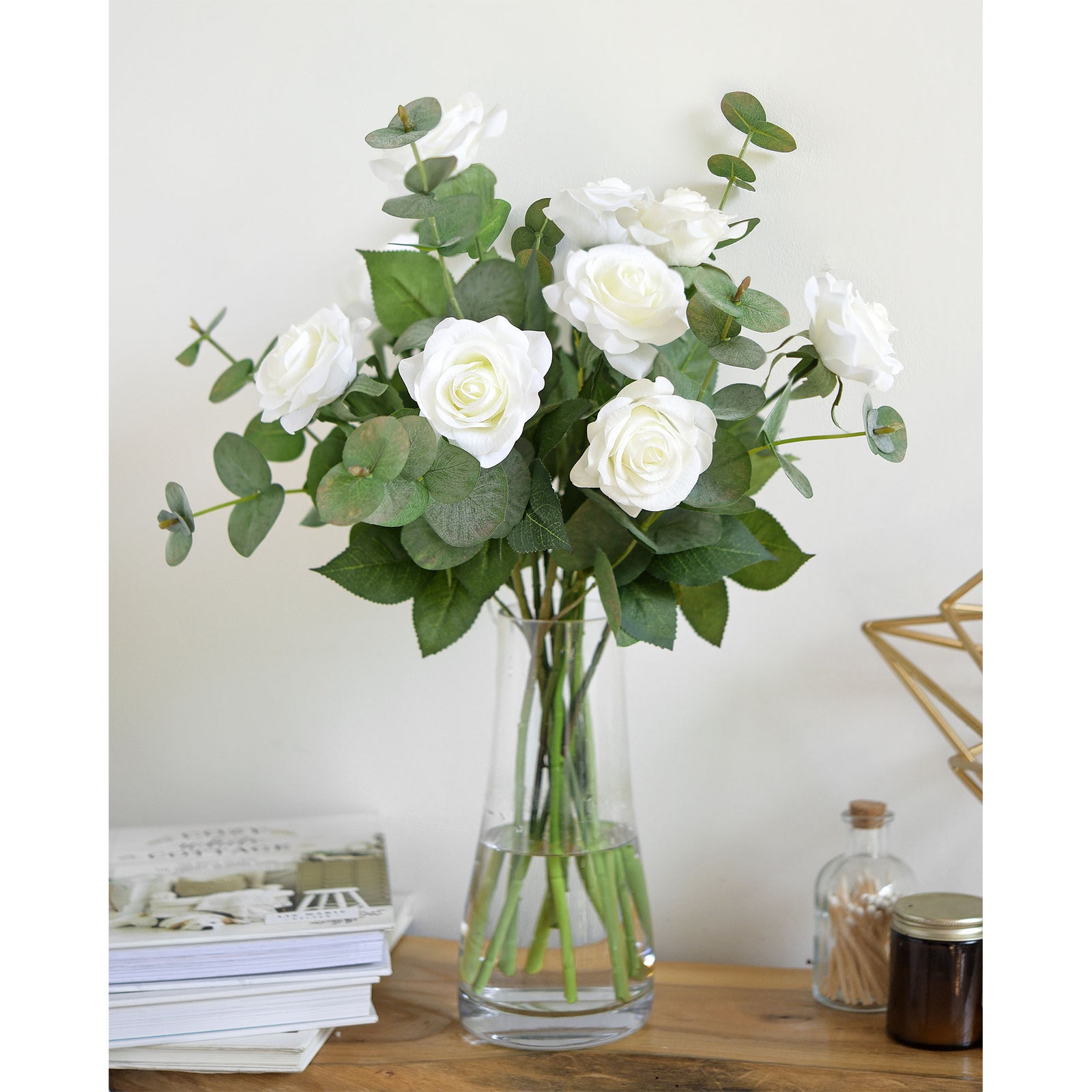 White Roses with Eucalyptus Leaves Bouquet Artificial Flowers