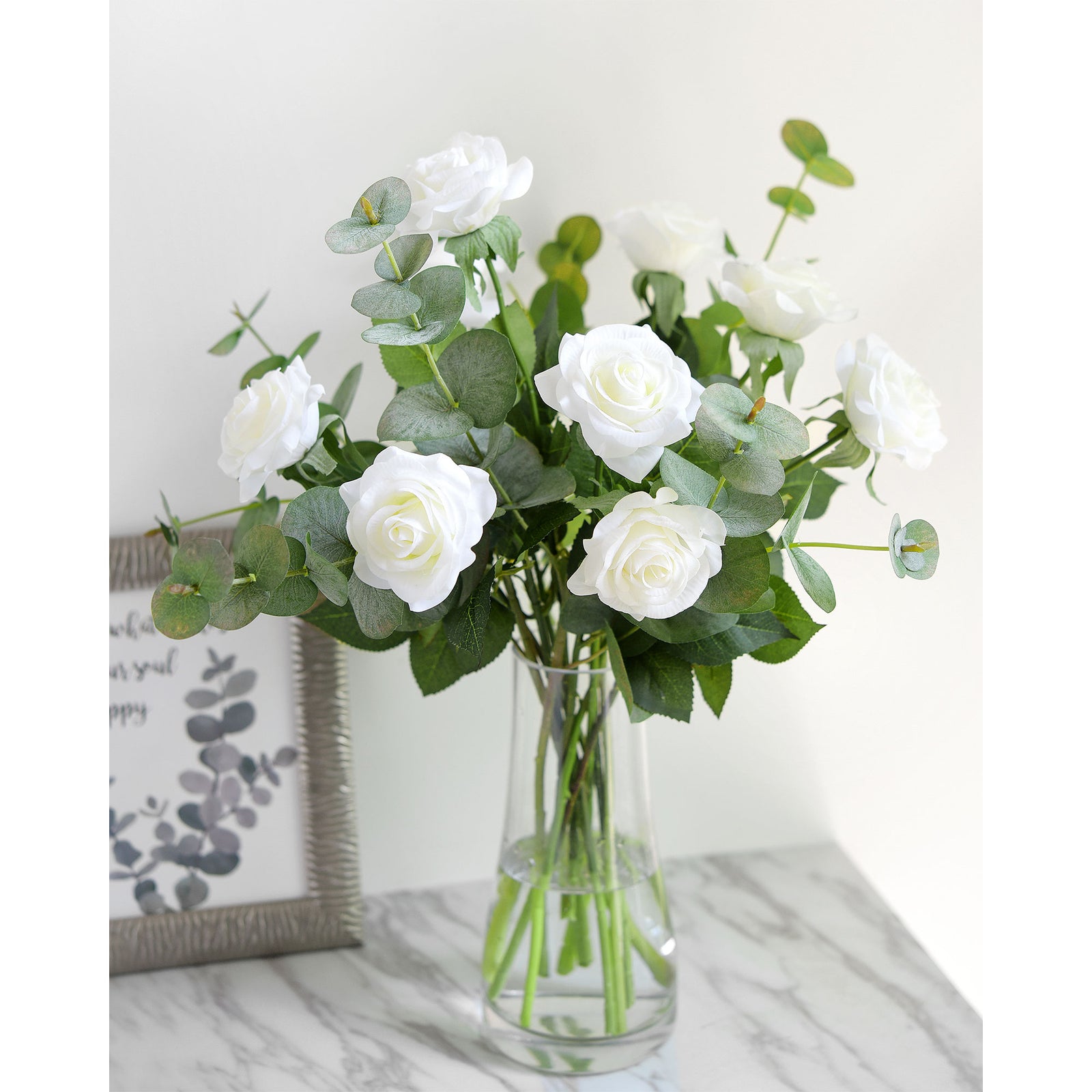 White Roses with Eucalyptus Leaves Bouquet Artificial Flowers