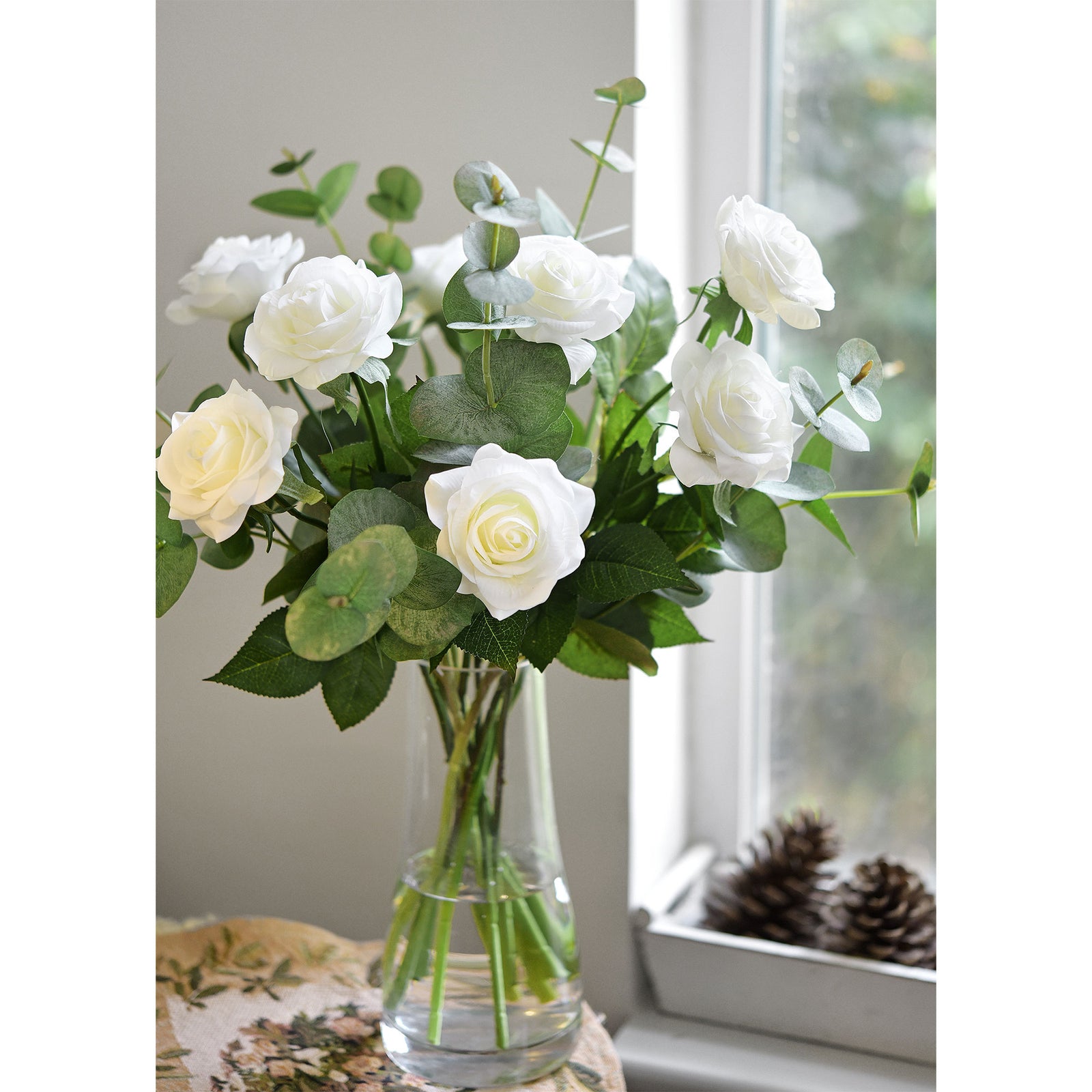 White Roses with Eucalyptus Leaves Bouquet Artificial Flowers