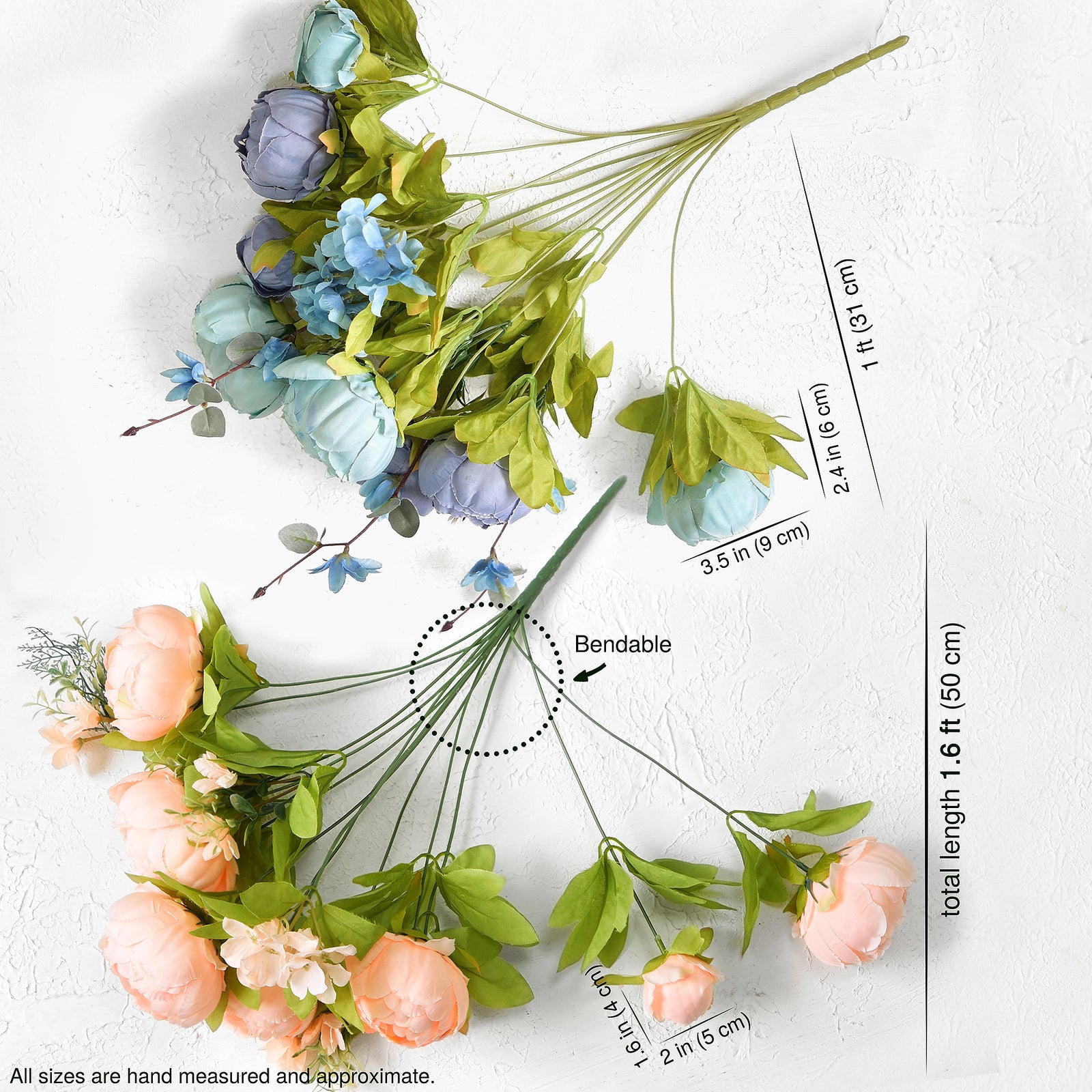 Blue Serenity Bloom Artificial Peony Bouquet – Set of 2 Faux Silk Bundles (Navy, Aqua, Peach & Cream) – Flexible Stems for Events & Home Styling