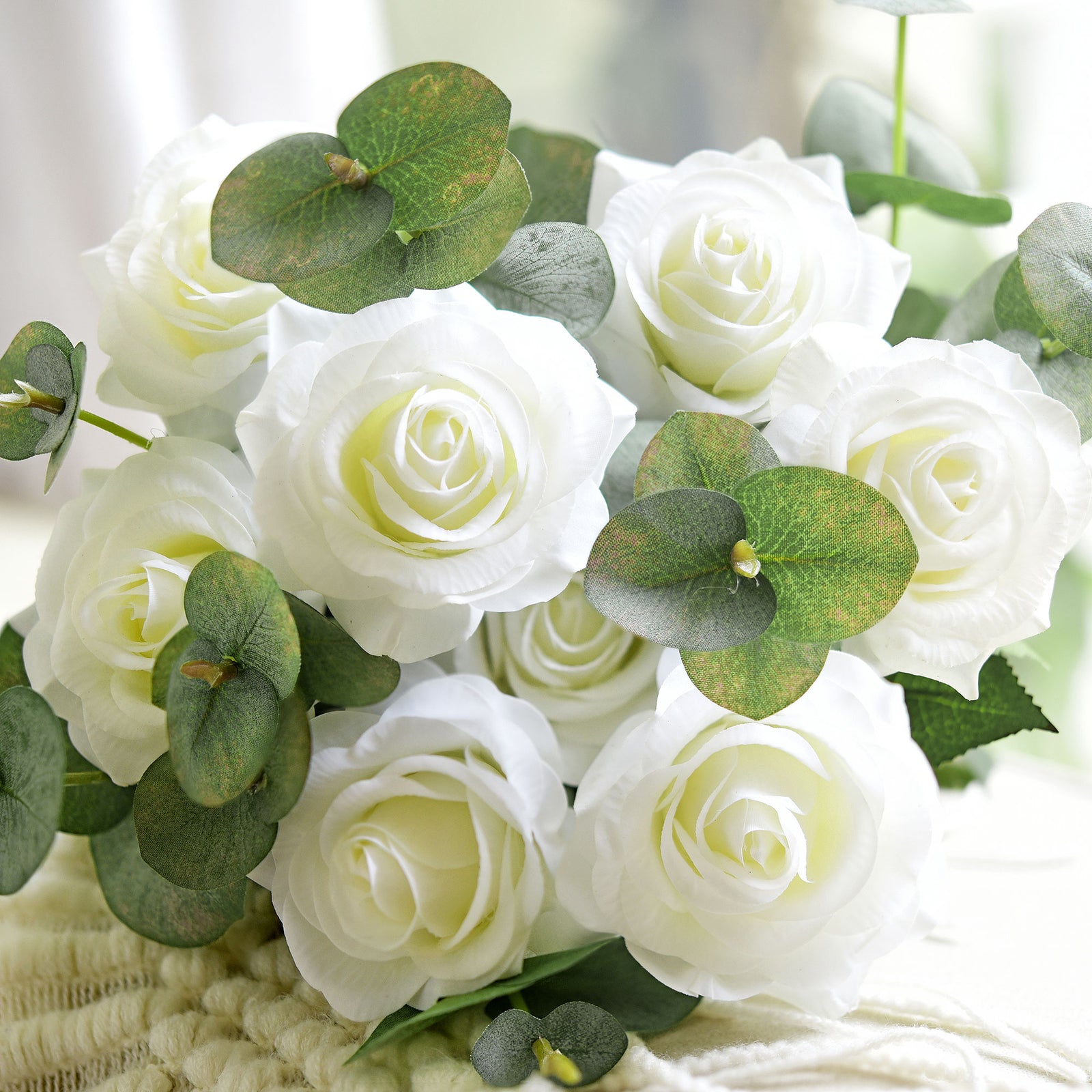 White Roses with Eucalyptus Leaves Bouquet Artificial Flowers