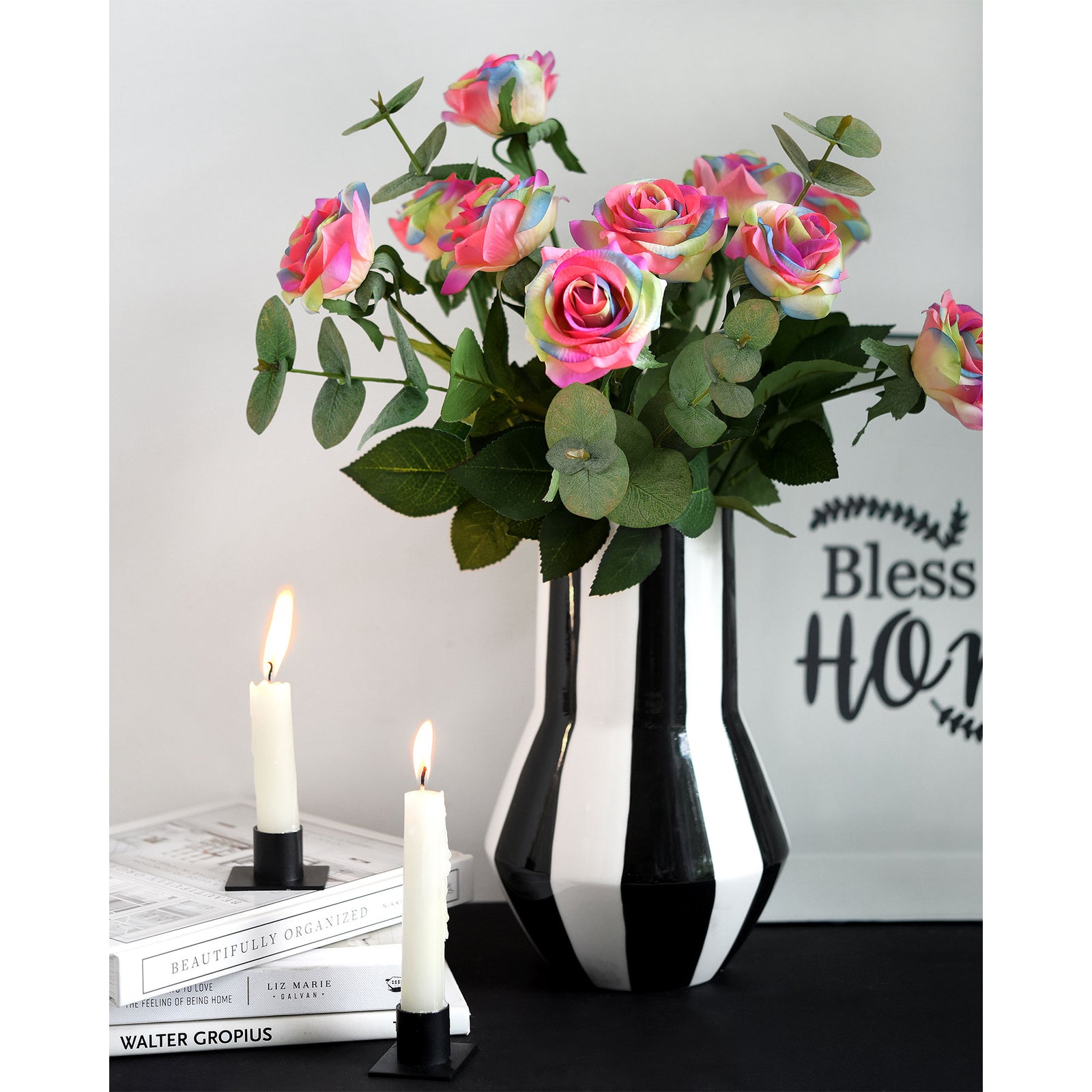 Rainbow Real Touch Silk Artificial Flowers ‘Petals Feel and Look like Fresh Roses’ 9 Stems with Eucalyptus, Candle Holders and Jute Ribbon