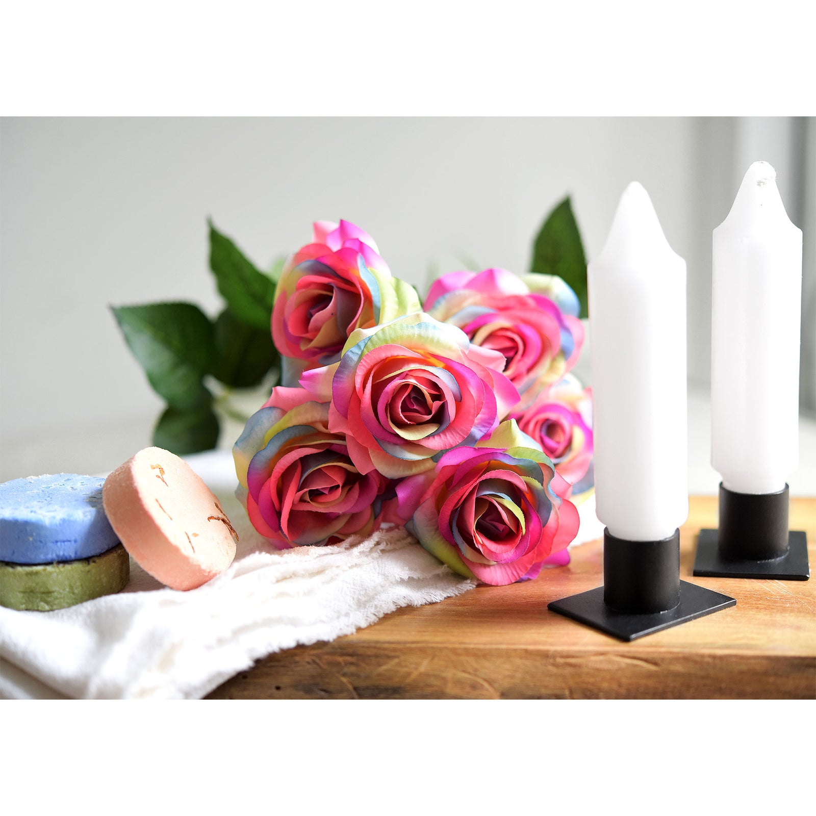 Rainbow Real Touch Silk Artificial Flowers ‘Petals Feel and Look like Fresh Roses’ 9 Stems with Eucalyptus, Candle Holders and Jute Ribbon