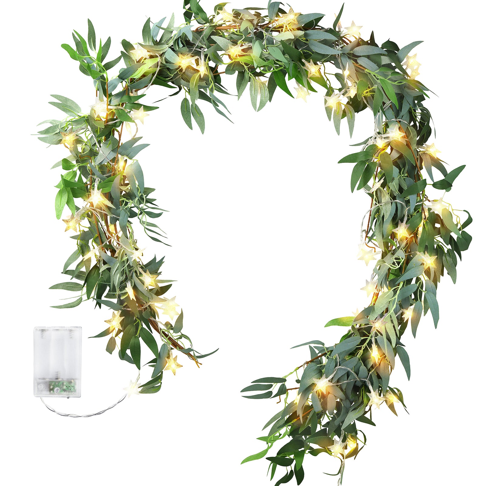 2 Mix Rustic Willow Garlands, Bendable Artificial Greenery Vine Leaves for Wedding Home Decoration with 33 Feet Star String Lights (Battery-Powered)