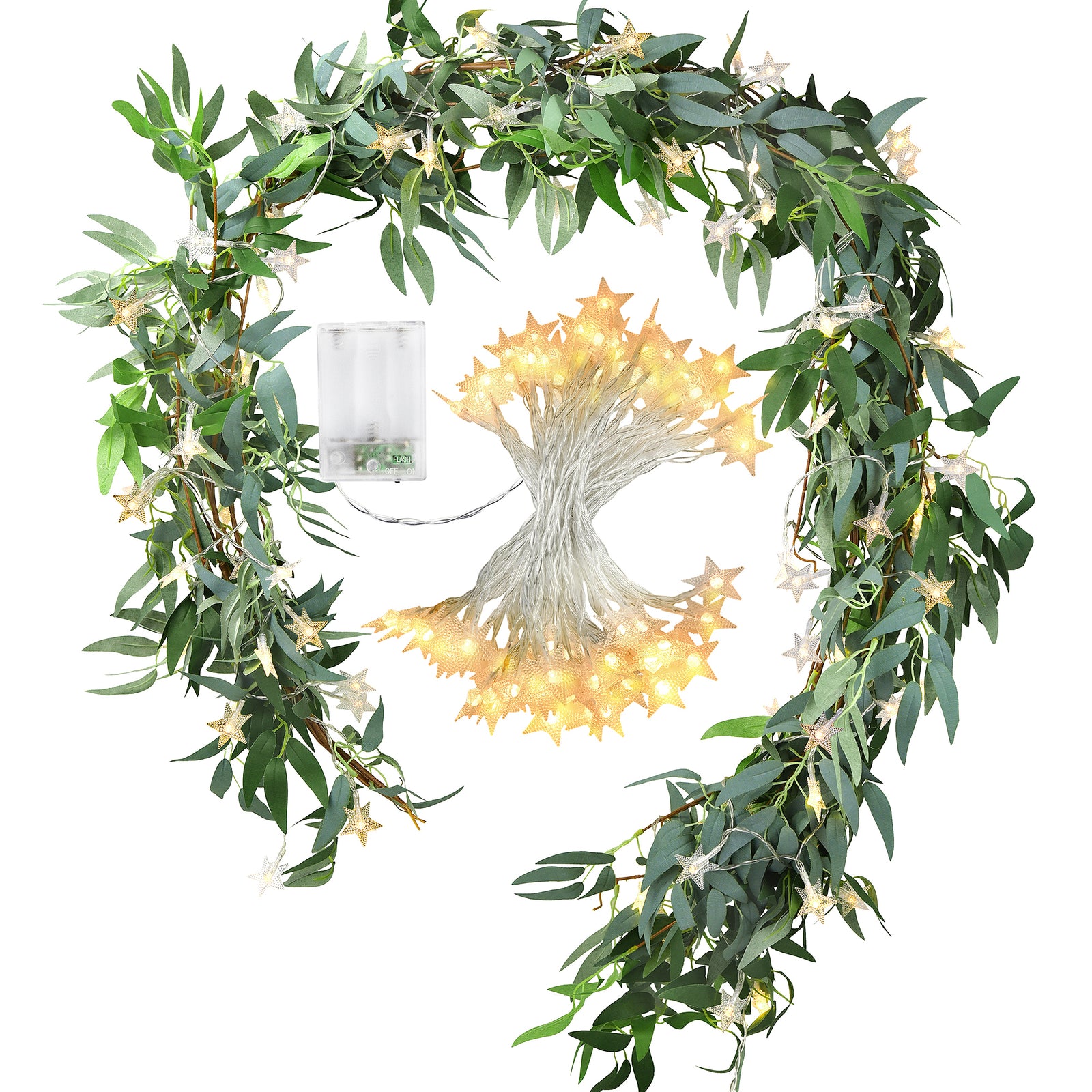 2 Mix Rustic Willow Garlands, Bendable Artificial Greenery Vine Leaves for Wedding Home Decoration with 33 Feet Star String Lights (Battery-Powered)