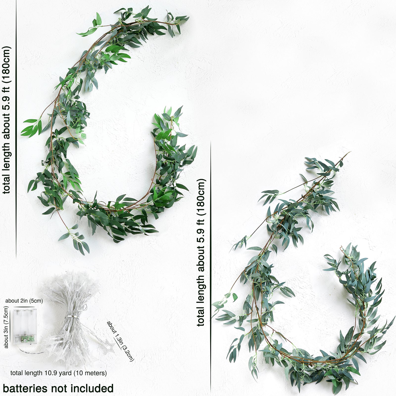 2 Mix Rustic Willow Garlands, Bendable Artificial Greenery Vine Leaves for Wedding Home Decoration with 33 Feet Star String Lights (Battery-Powered)