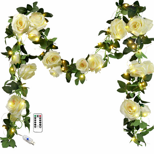 14 Ft 2 Pack Cream White Rose Silk Flower Garland Artificial Flowers Decoration Hanging Floral with 33 feet String Lights