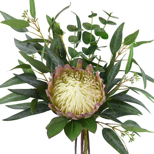 ''Timeless White Whisper'' Bouquet Chestnut White King Protea Arranged with Eucalyptus Leaves Silk Artificial Flowers