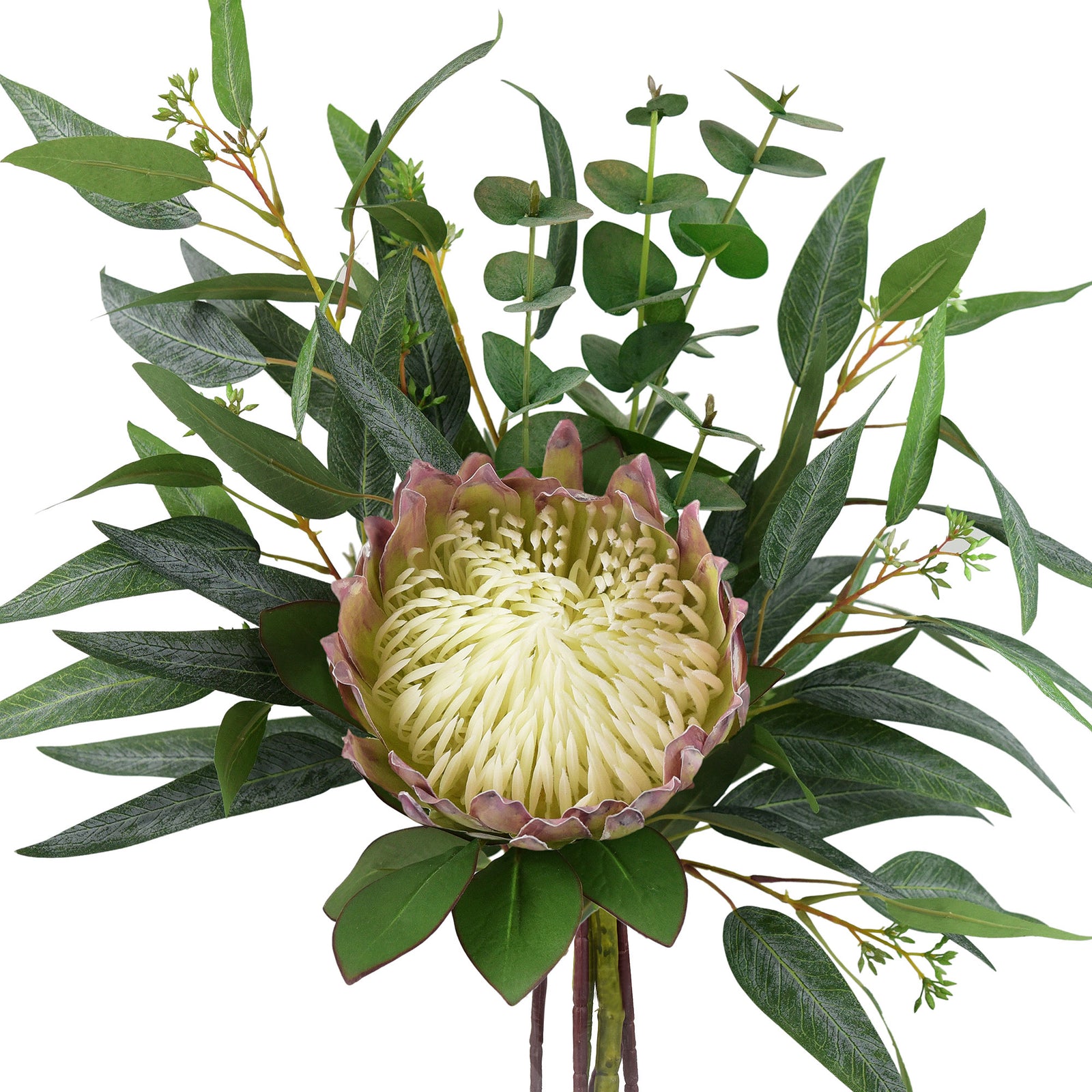 ''Timeless White Whisper'' Bouquet Chestnut White King Protea Arranged with Eucalyptus Leaves Silk Artificial Flowers