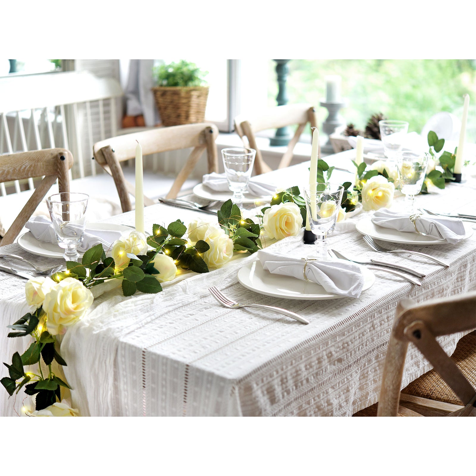 14 Ft 2 Pack Cream White Rose Silk Flower Garland Artificial Flowers Decoration Hanging Floral with 33 feet String Lights