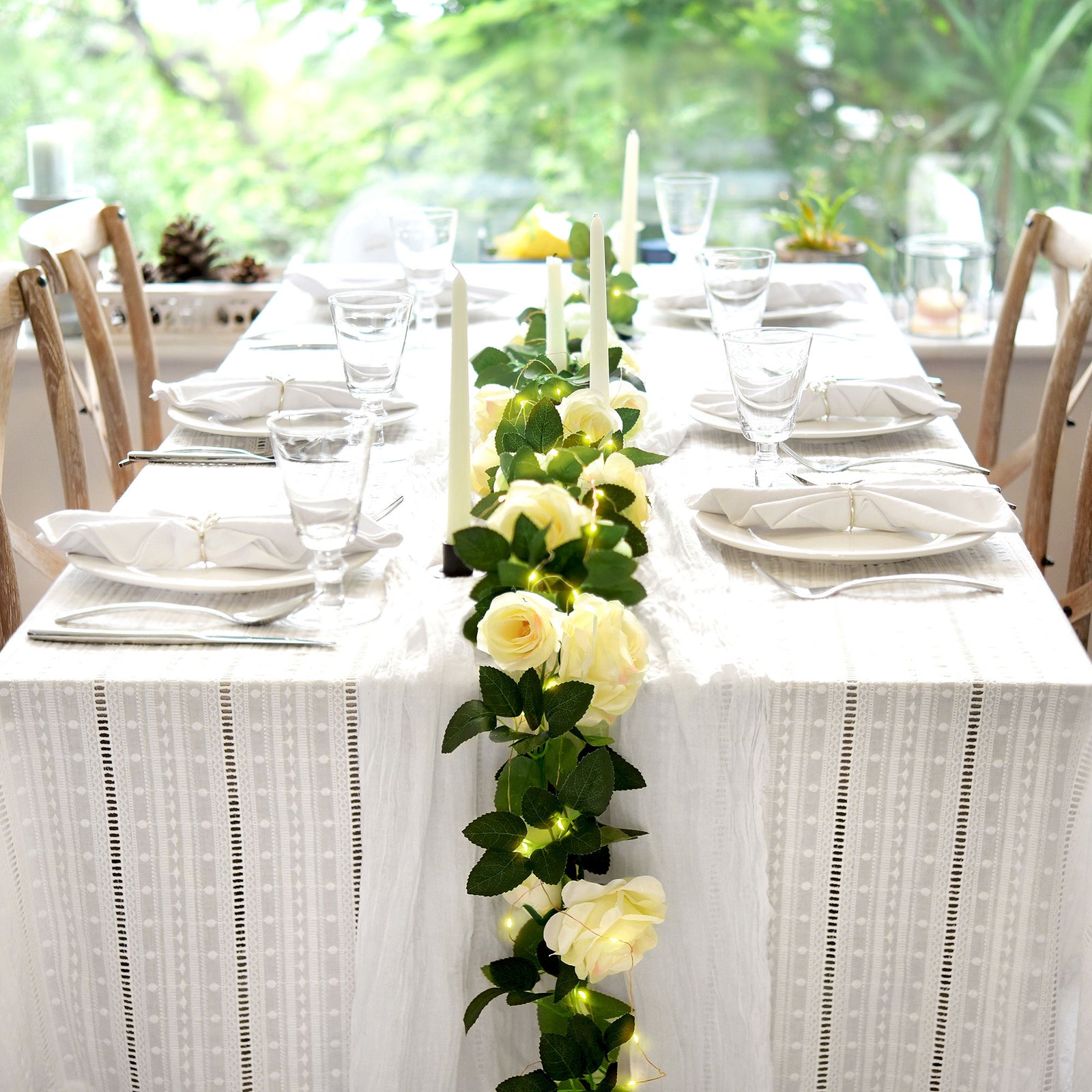 14 Ft 2 Pack Cream White Rose Silk Flower Garland Artificial Flowers Decoration Hanging Floral with 33 feet String Lights