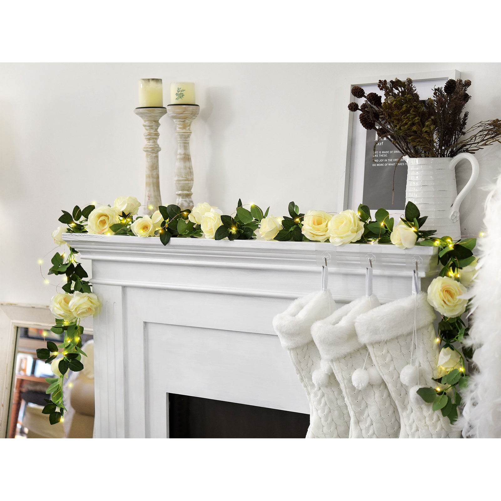 29 Ft 4 Pack Cream White Rose Silk Flower Garland Artificial Flowers Decoration Hanging Floral with 66 feet String Lights