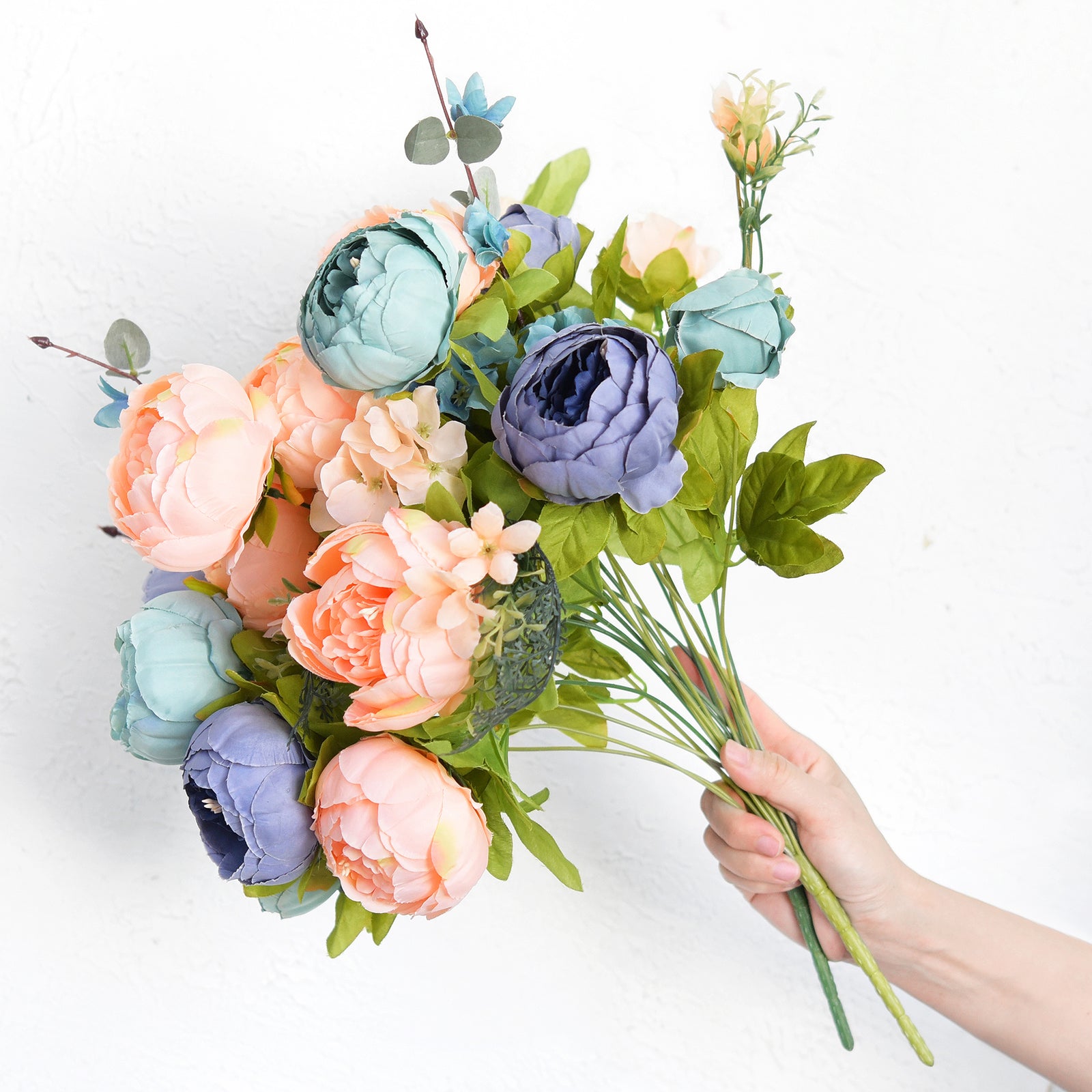 Blue Serenity Bloom Artificial Peony Bouquet – Set of 2 Faux Silk Bundles (Navy, Aqua, Peach & Cream) – Flexible Stems for Events & Home Styling