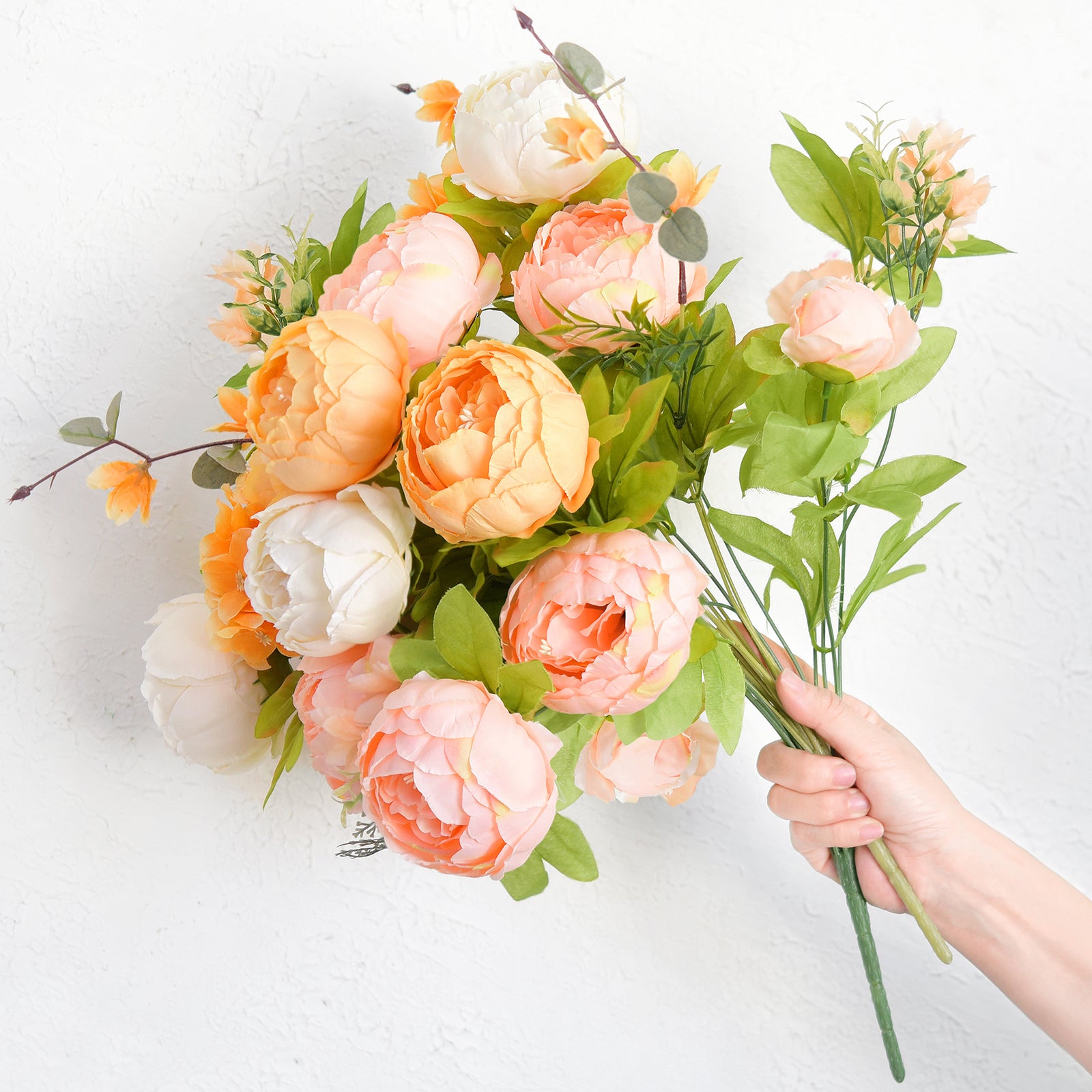 Autumn Ivory & Orange Artificial Peony Bouquet – Set of 2 Faux Silk Bundles (Ivory, Peach & Harvest Orange) – Fall Centerpiece Flowers