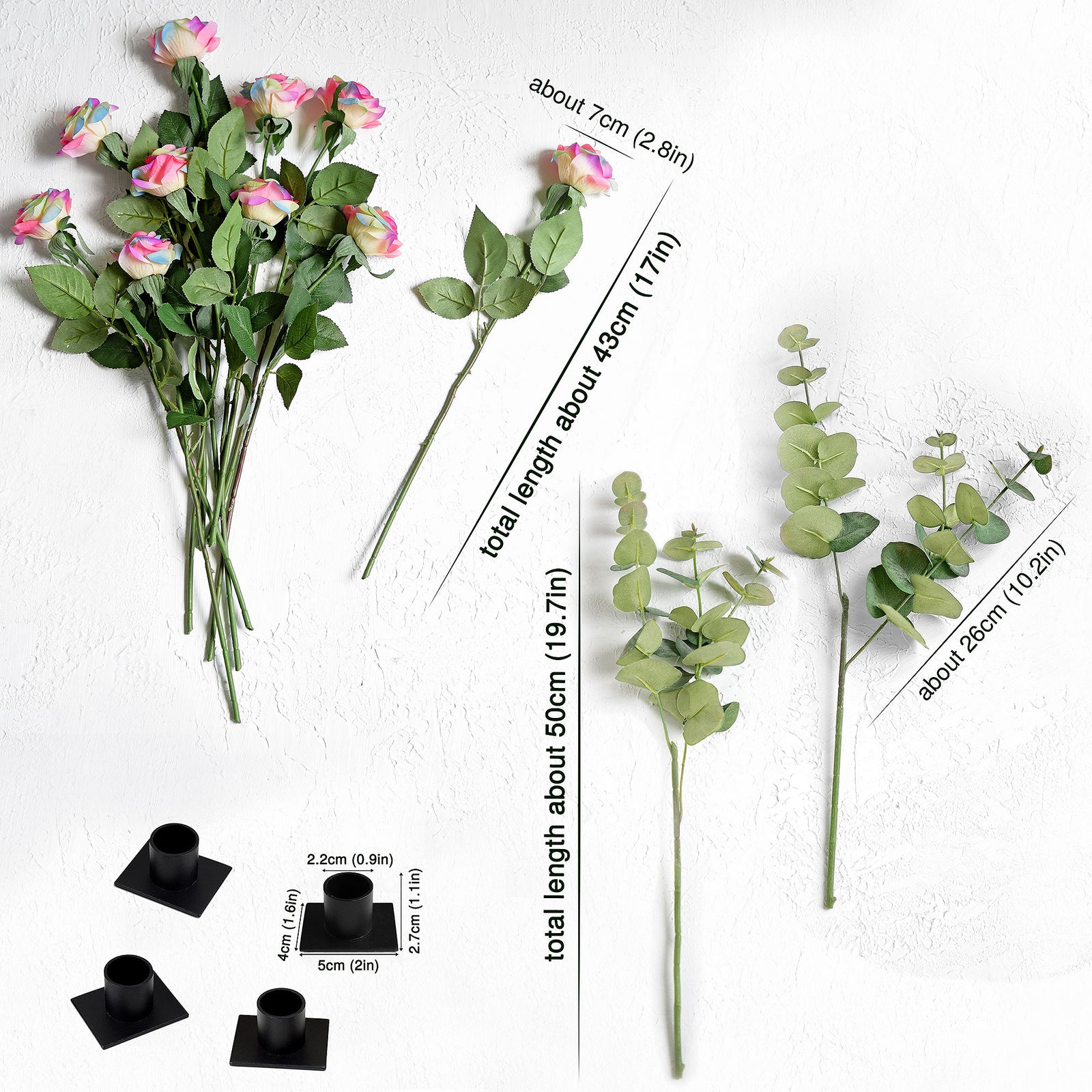 Rainbow Real Touch Silk Artificial Flowers ‘Petals Feel and Look like Fresh Roses’ 9 Stems with Eucalyptus, Candle Holders and Jute Ribbon