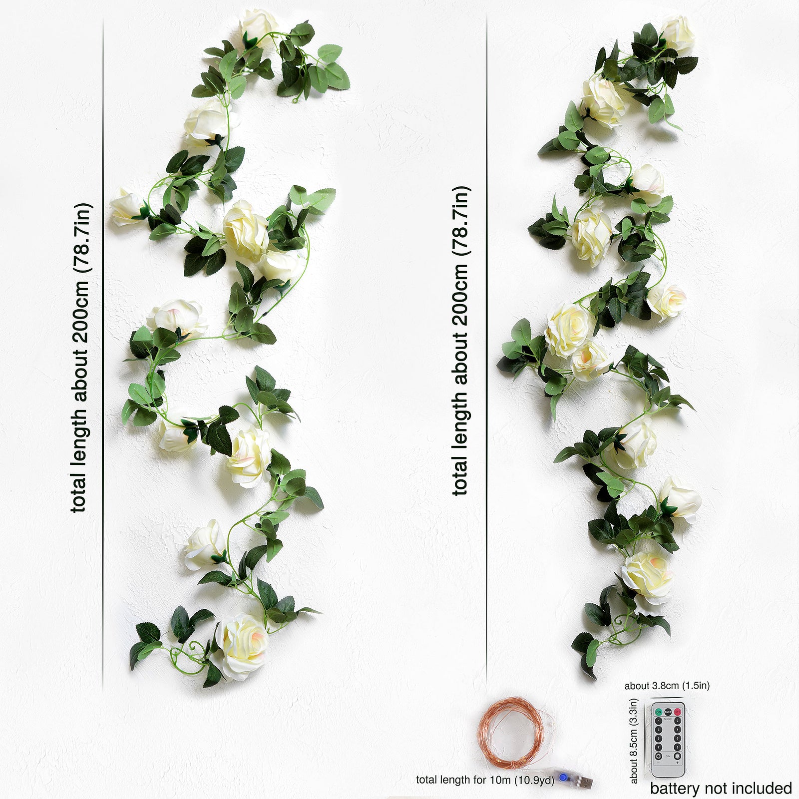 14 Ft 2 Pack Cream White Rose Silk Flower Garland Artificial Flowers Decoration Hanging Floral with 33 feet String Lights