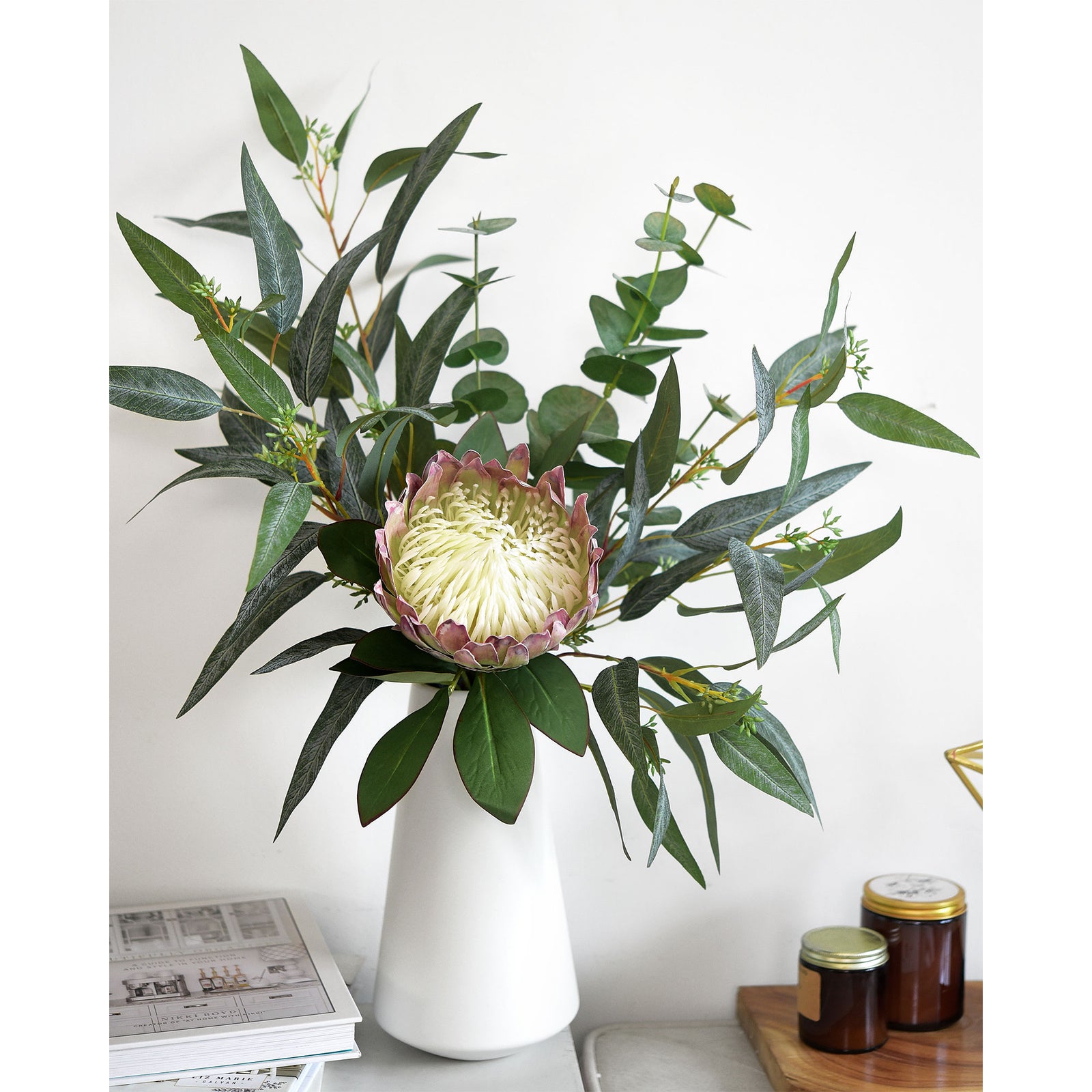 ''Timeless White Whisper'' Bouquet Chestnut White King Protea Arranged with Eucalyptus Leaves Silk Artificial Flowers