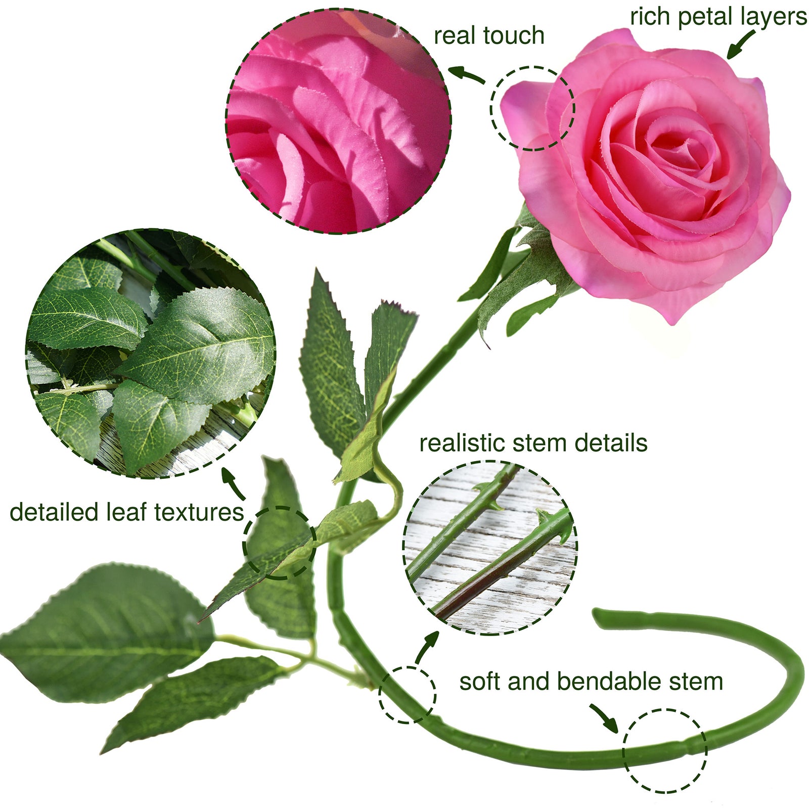 Magenta Real Touch Silk Artificial Flowers ‘Petals Feel and Look like Fresh Roses 10 Stems