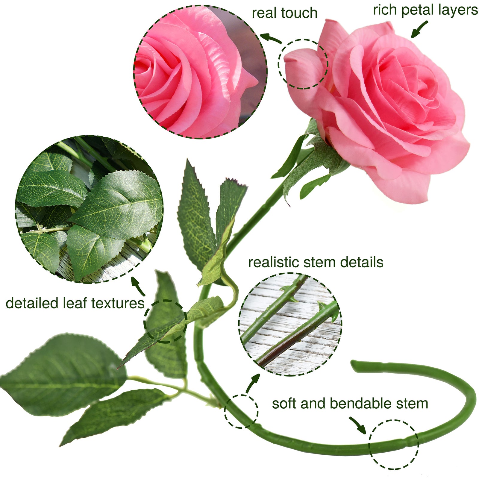 Pink Real Touch Rose Stems for Bouquets & Vase Arrangements