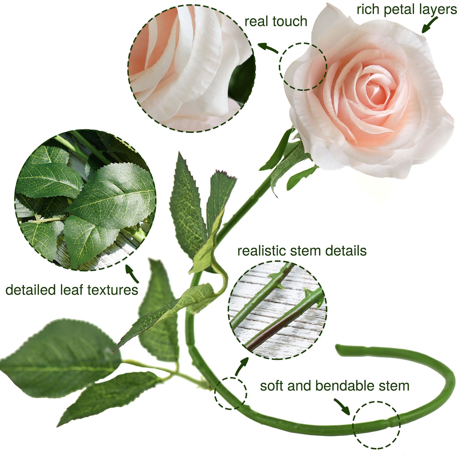 Real Touch 10 Stems Pale Champagne Pink Silk Artificial Roses Flowers ‘Petals Feel and Look like Fresh Roses