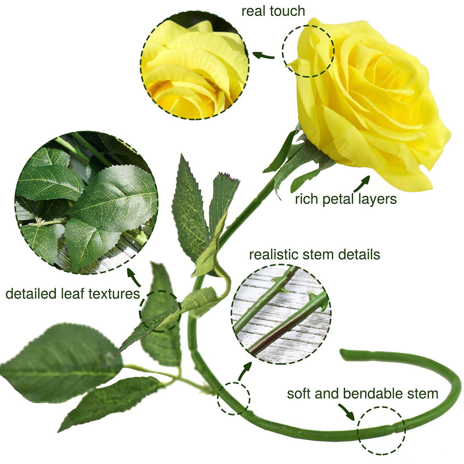 Yellow Real Touch Silk Artificial Flowers ‘Petals Feel and Look like Fresh Roses 10 Stems