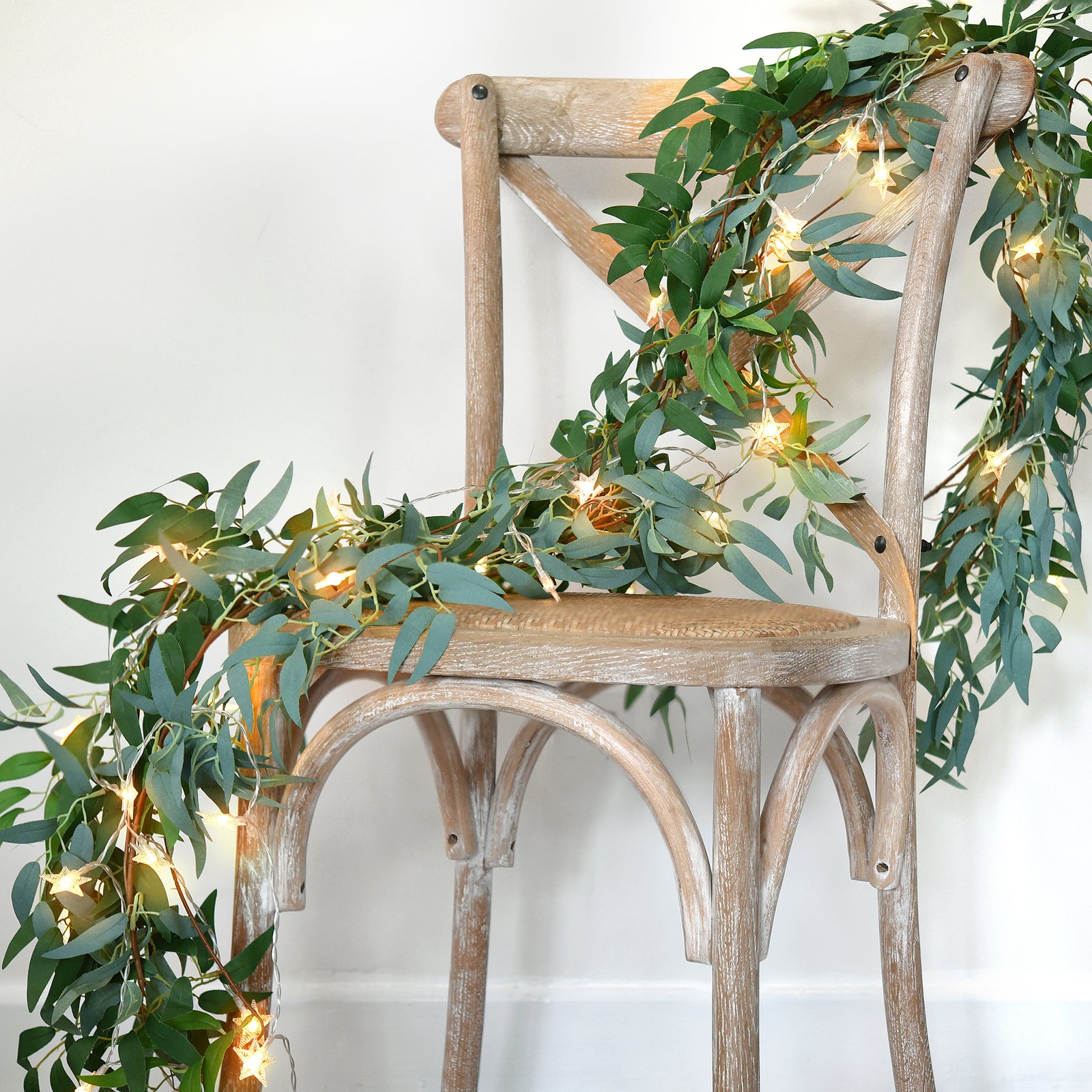 2 Mix Rustic Willow Garlands, Bendable Artificial Greenery Vine Leaves for Wedding Home Decoration with 33 Feet Star String Lights (Battery-Powered)