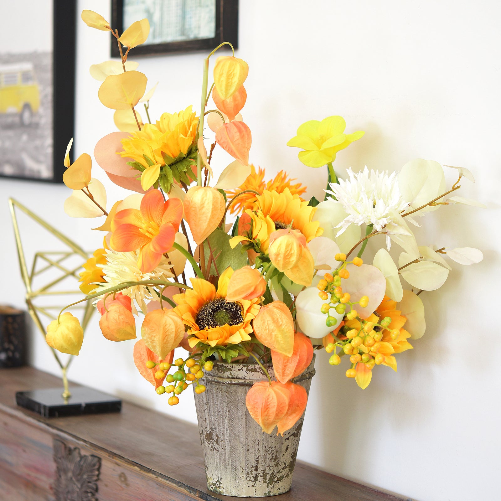 Artificial Chinese Lantern Stems – Golden Apricot (Light Orange) – Set of 3