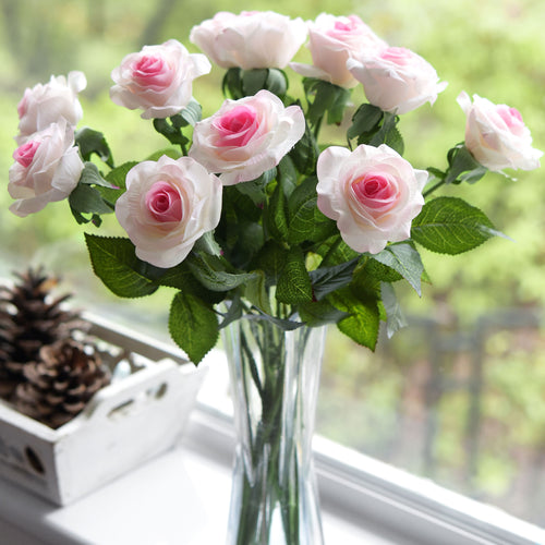 Artificial Flowers Real Touch Silk Roses 10 Stems (White & Pink)