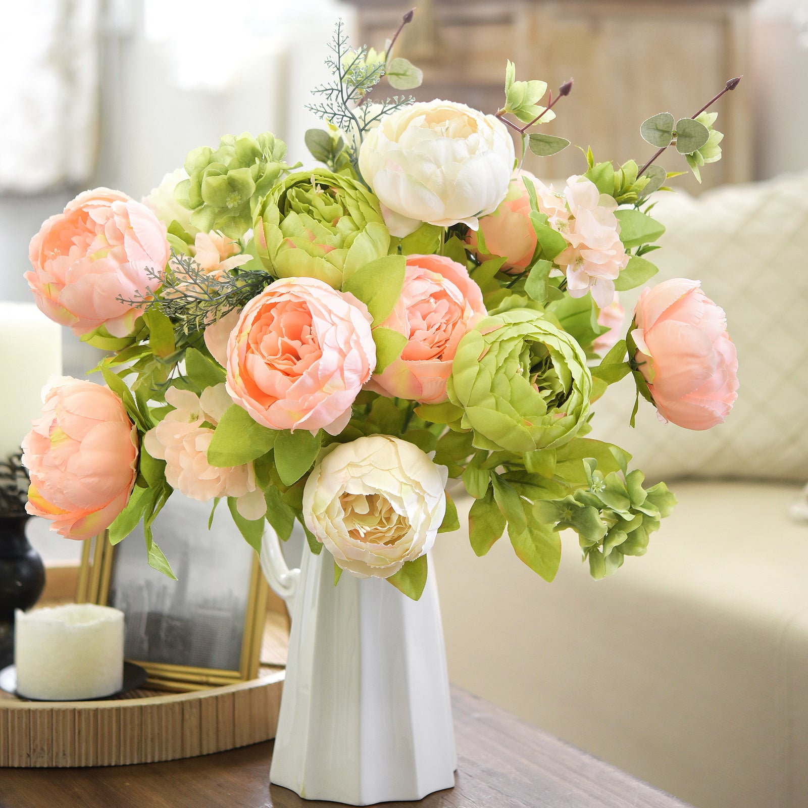 Meadow Blush Artificial Peony Bouquet – Set of 2 Faux Silk Bundles (Blush Peach, Cream & Light Green) – Ready-to-Style Floral Décor
