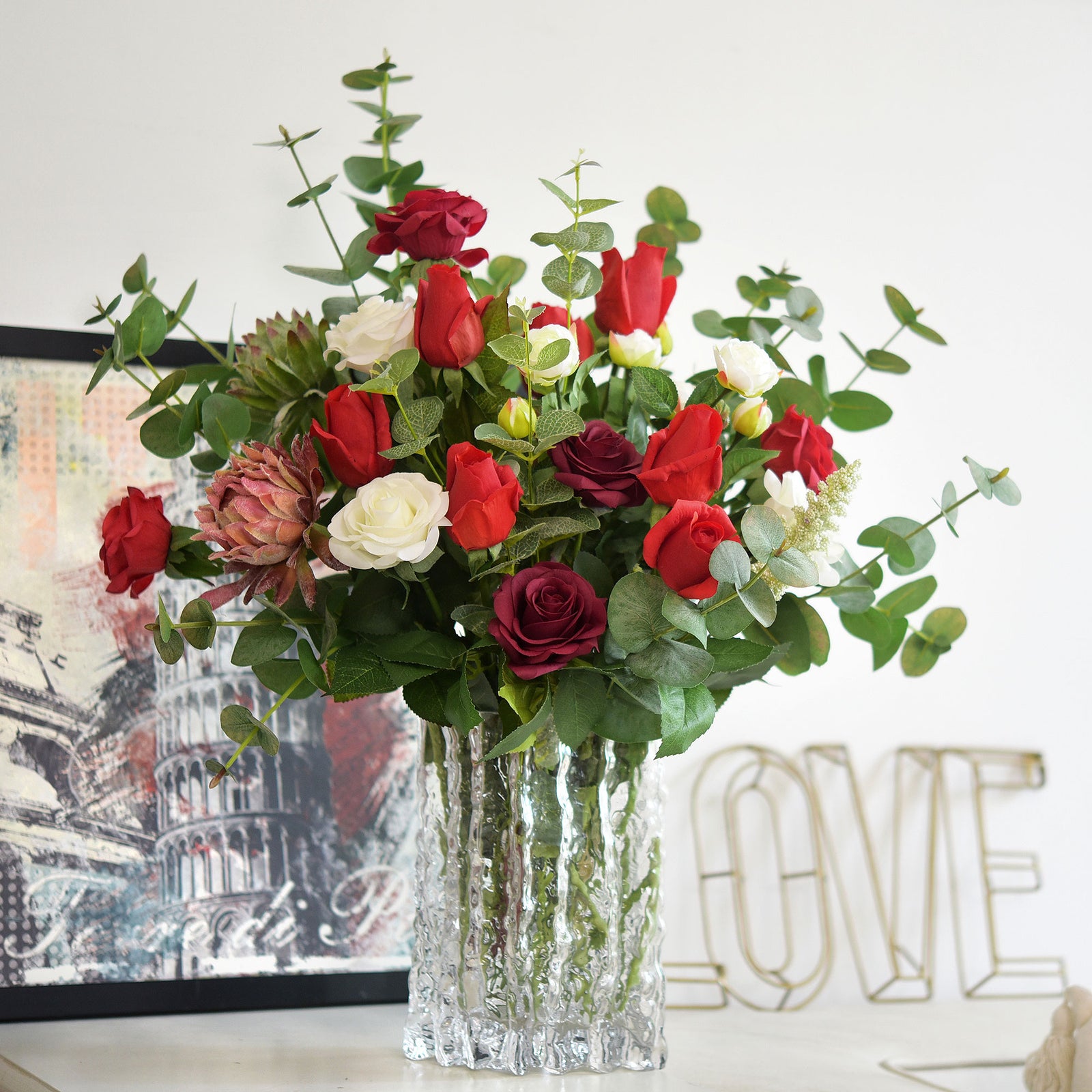 Valentine Classic Red Long Stem 21 inches Roses Real Touch Silk Artificial Flowers 12 Stems