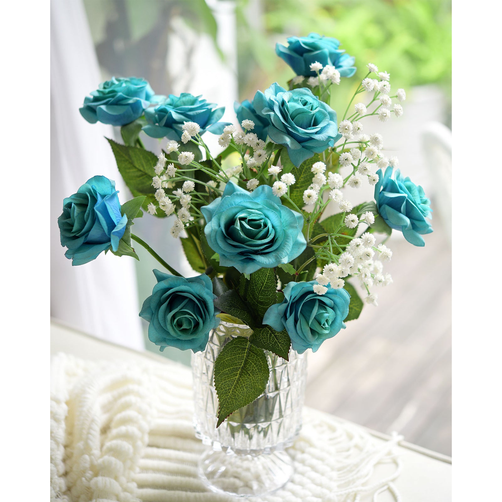 Real Touch 10 Stems Teal Silk Artificial Roses Flowers ‘Petals Feel and Look like Fresh Roses'