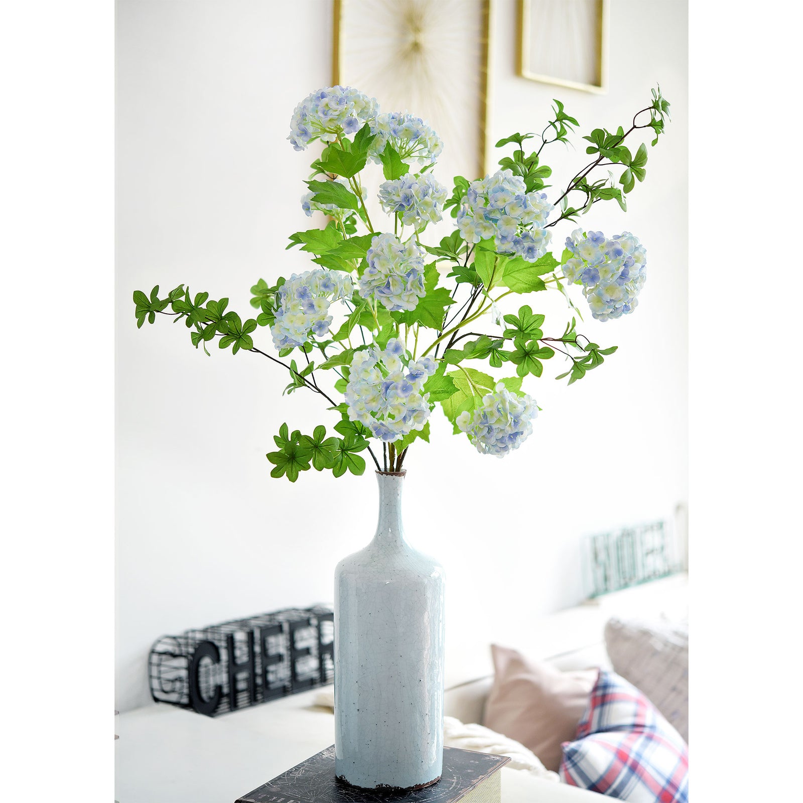 Cloudy Blue Snowball Viburnum Long Stem Artificial Flowers 2 Stems