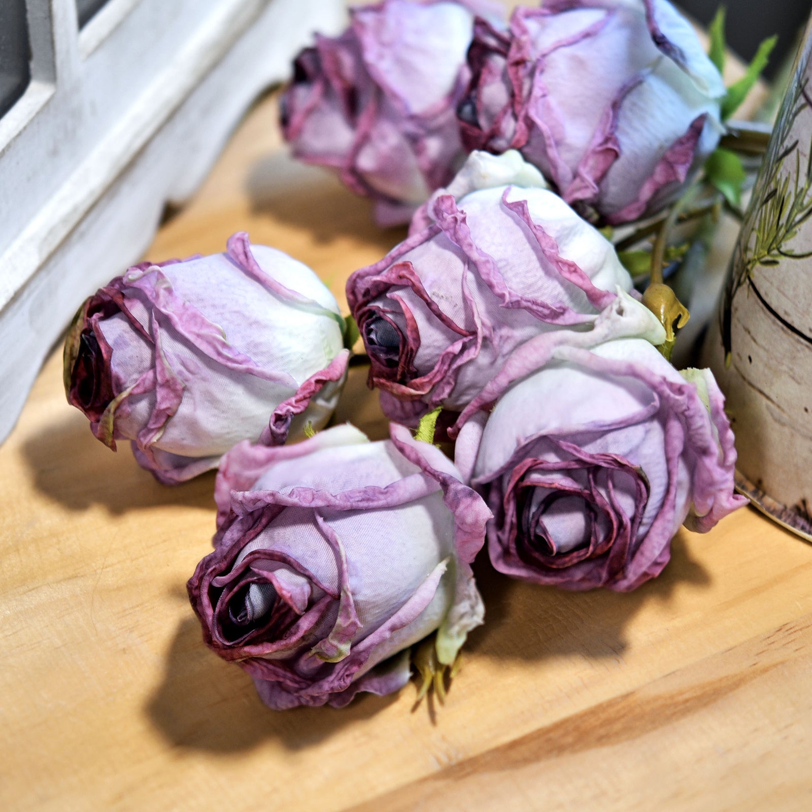 Dusty Purple Dried Look Real Touch  Silk Roses Artificial Flowers 4 Stems