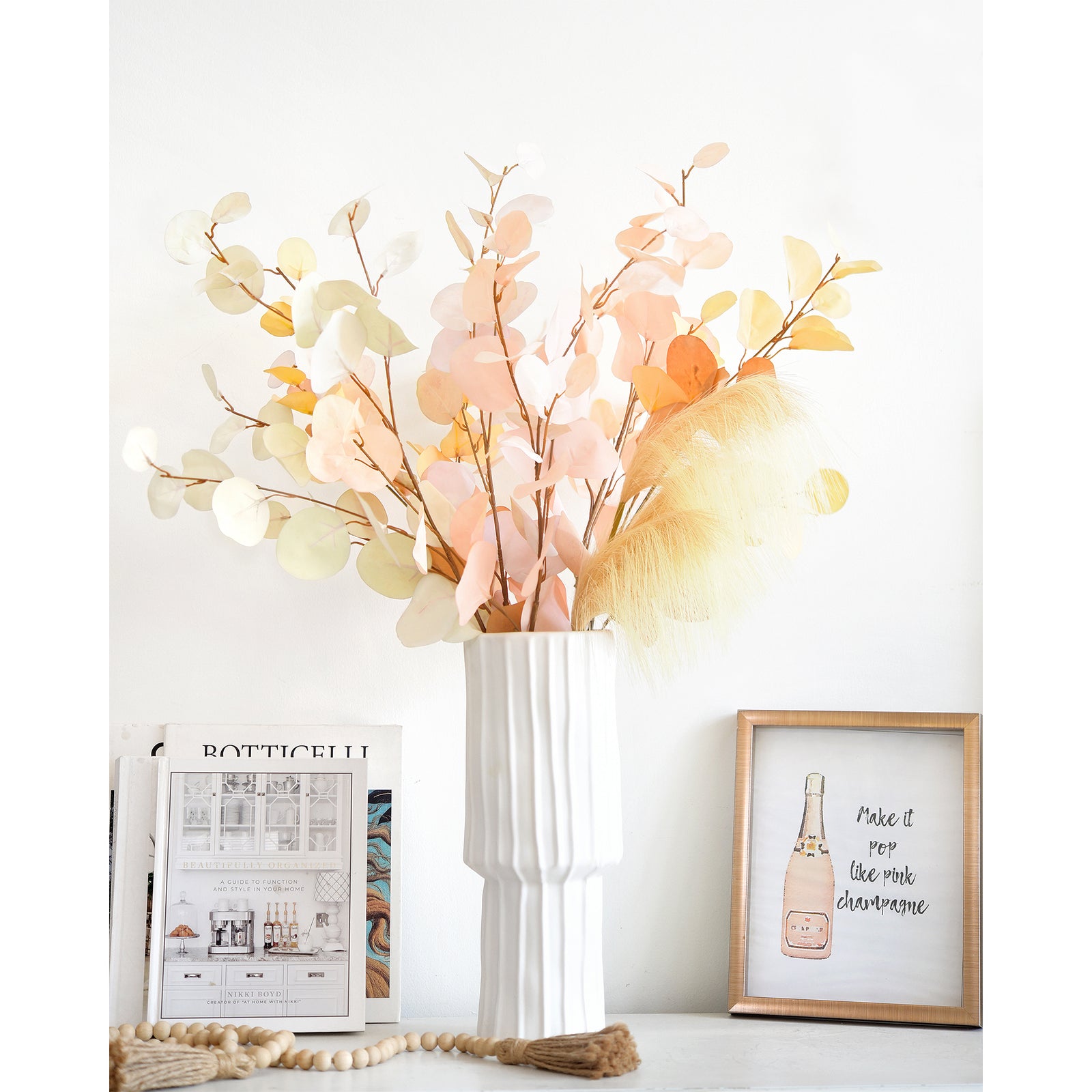 Sunlit Blush & Butter Cream Eucalyptus Bouquet – 7-Piece Artificial Stems with Pampas Grass for Home, Weddings & Year-Round Decor