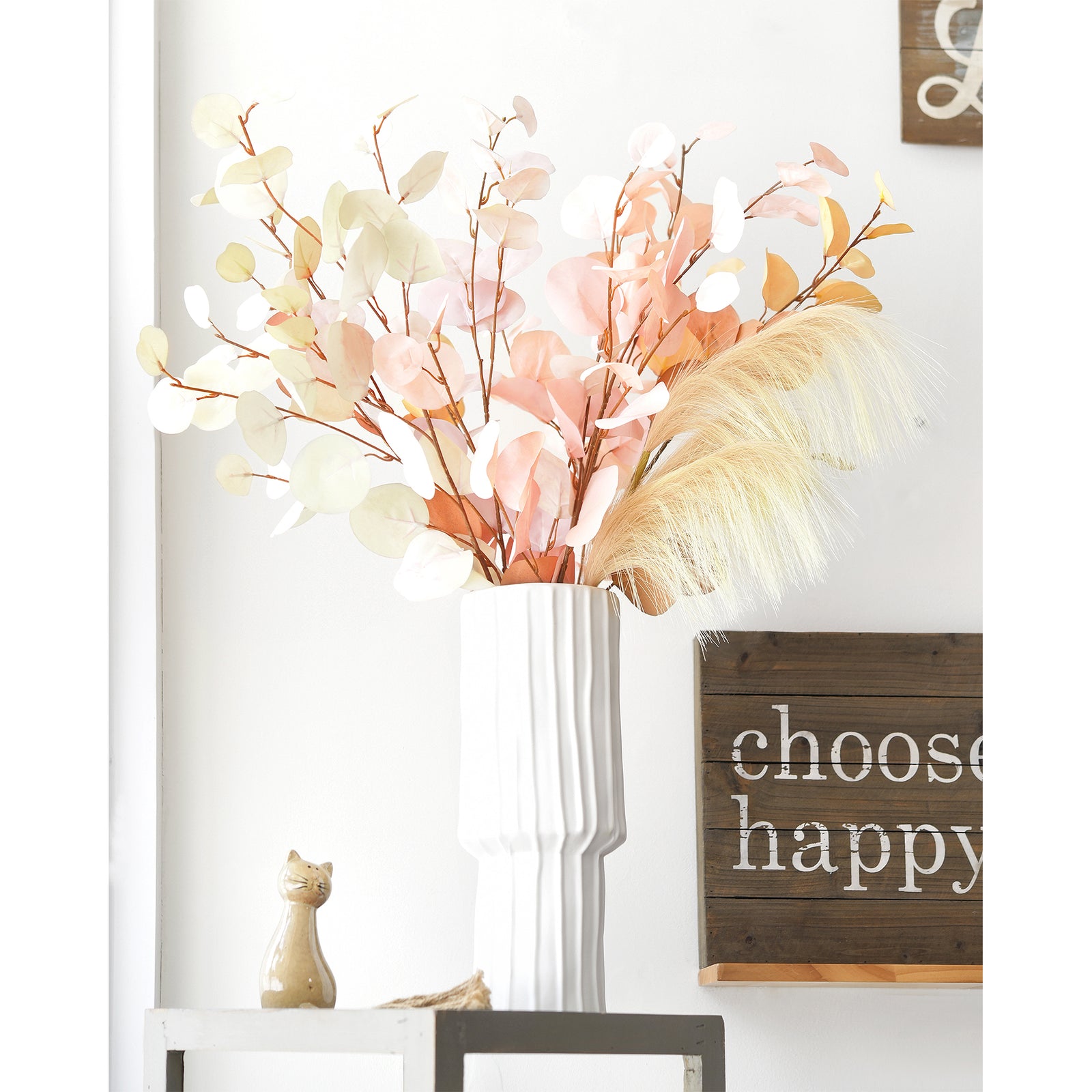 Sunlit Blush & Butter Cream Eucalyptus Bouquet – 7-Piece Artificial Stems with Pampas Grass for Home, Weddings & Year-Round Decor